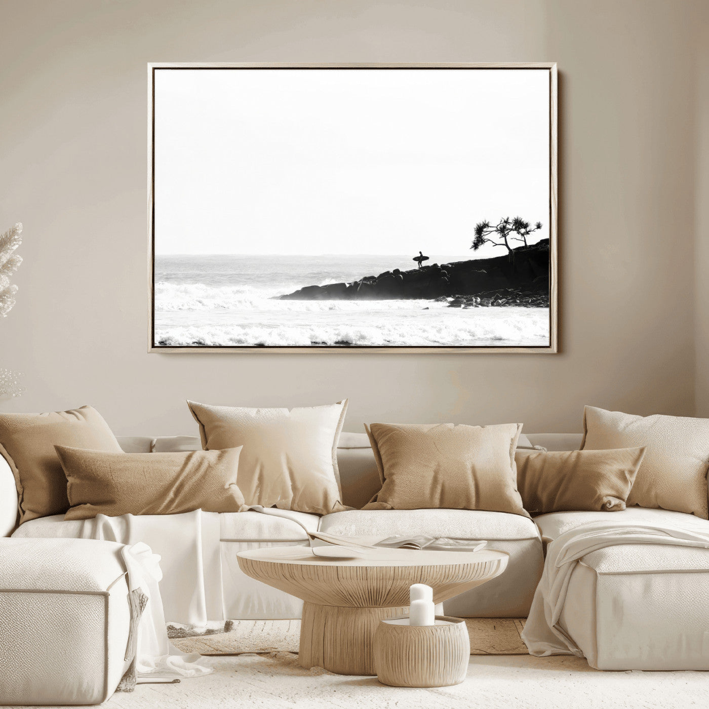 40875891-MGV-FC-36X24_Natural-SurferCliffs Wall Art Canvas Print, Framed Black White Beach Art Picture Print, Ocean Waves Perfect Minimalist Coastal Decor