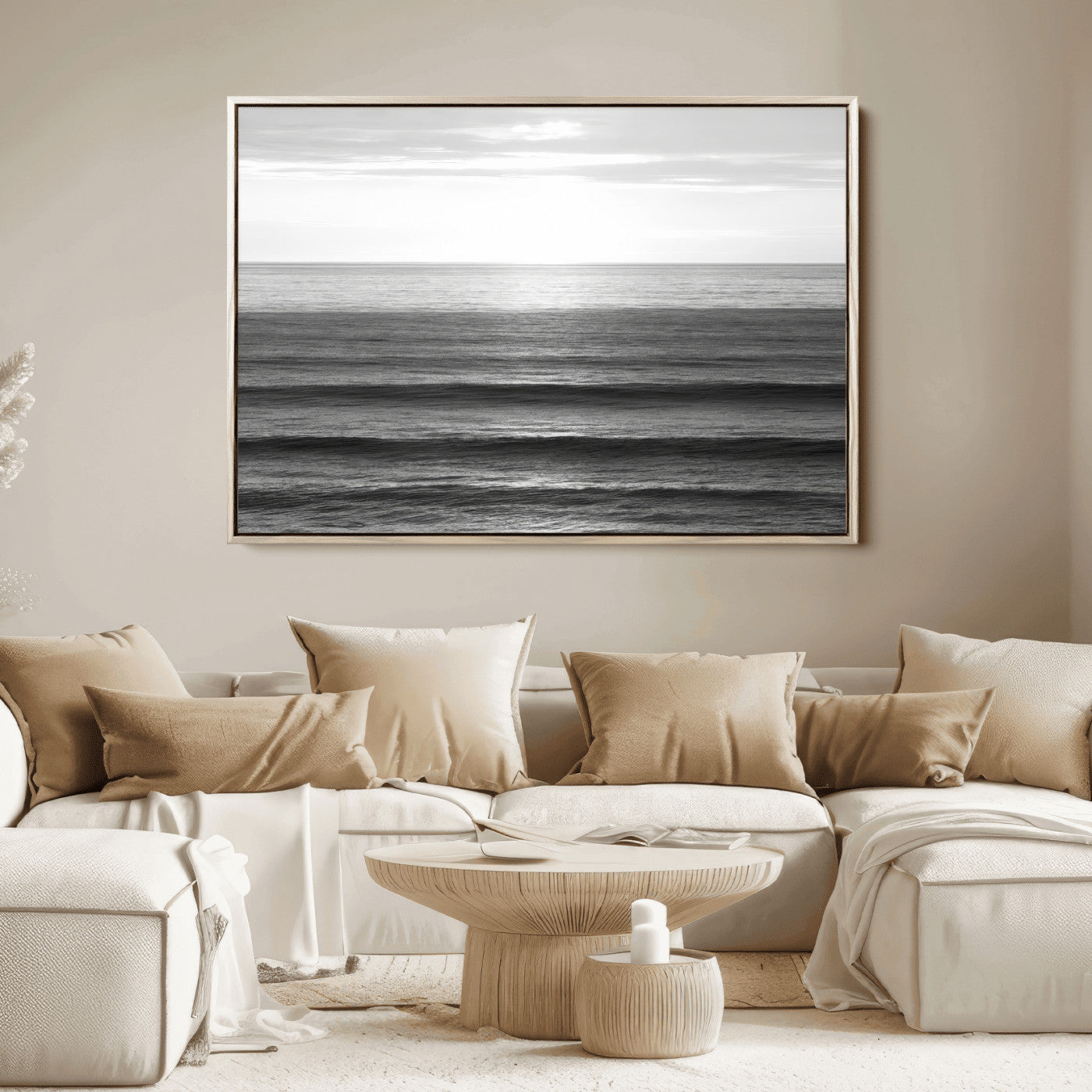 47305203-MGV-FC-36X24_Natural-Monochrome Ocean Wall Art Canvas Print, Framed Moody Ocean Art Picture Print, Calm Ocean Perfect Minimalist Coastal Decor Artwork