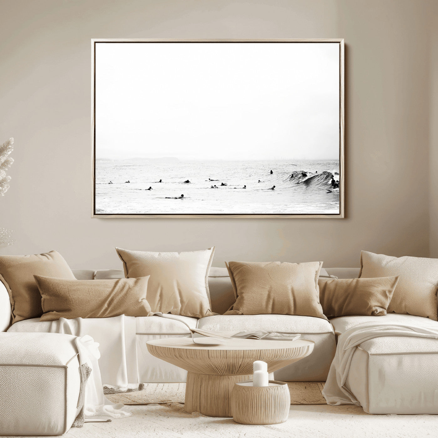 38441169-MGV-FC-36X24_Natural-Monochrome Swimming Wall Art Canvas Print, Framed Ocean Horizon Art Picture Print, Moody Coastal Perfect Minimalist Coastal Decor