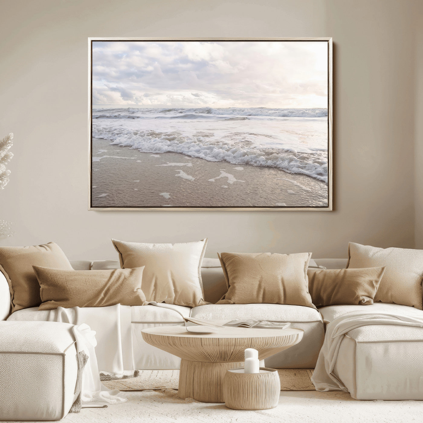 70596264-MGV-FC-36X24_Natural-Ocean Waves Wall Art Canvas Print, Framed Coastal Shoreline Art Picture Print, Sea Foam Perfect Coastal Minimalist Decor Artwork