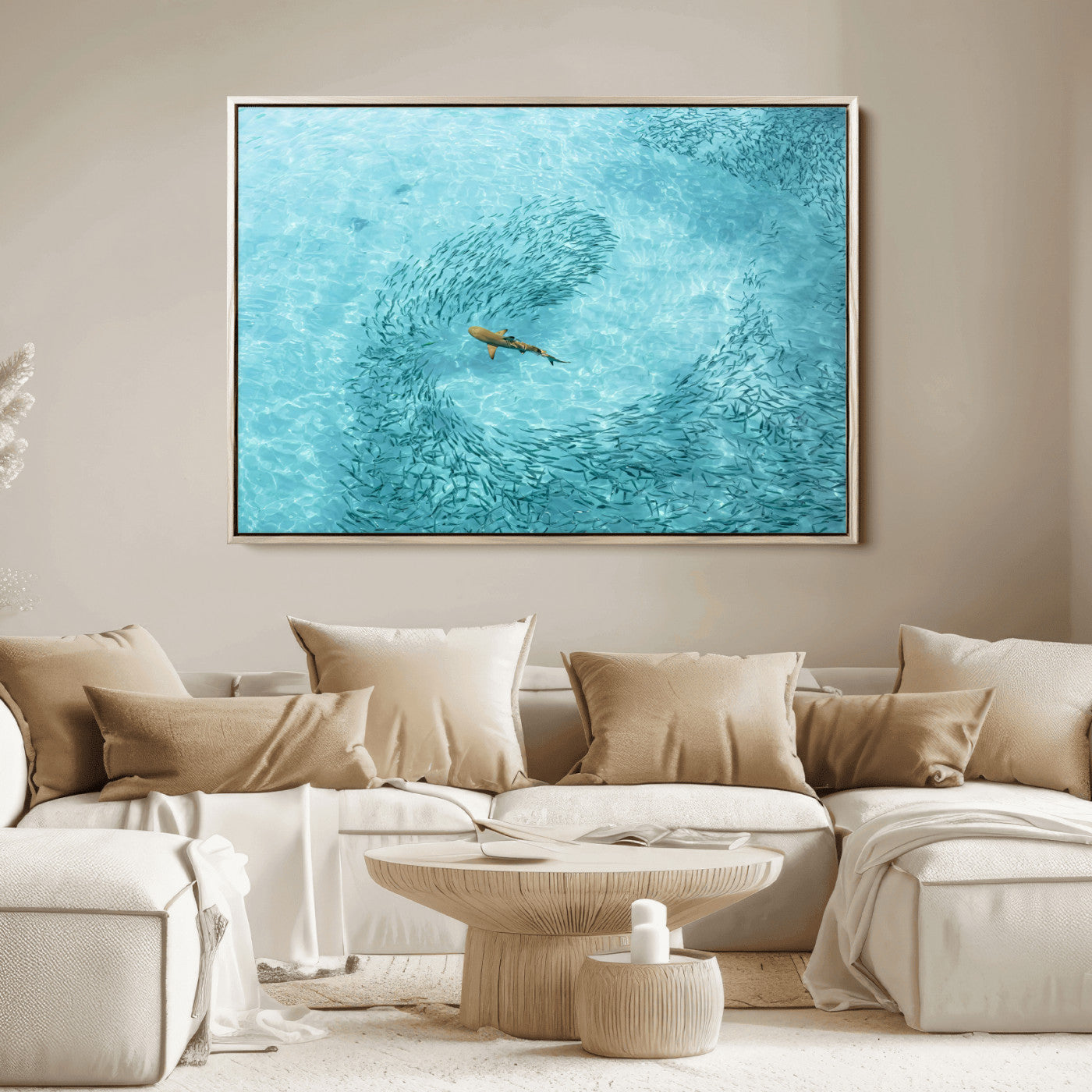 43671474-MGV-FC-36X24_Natural-Fish Swarm Wall Art Canvas Print, Framed Marine Life Art Picture Print, Shark Aerial Perfect Wildlife Coastal Decor Artwork