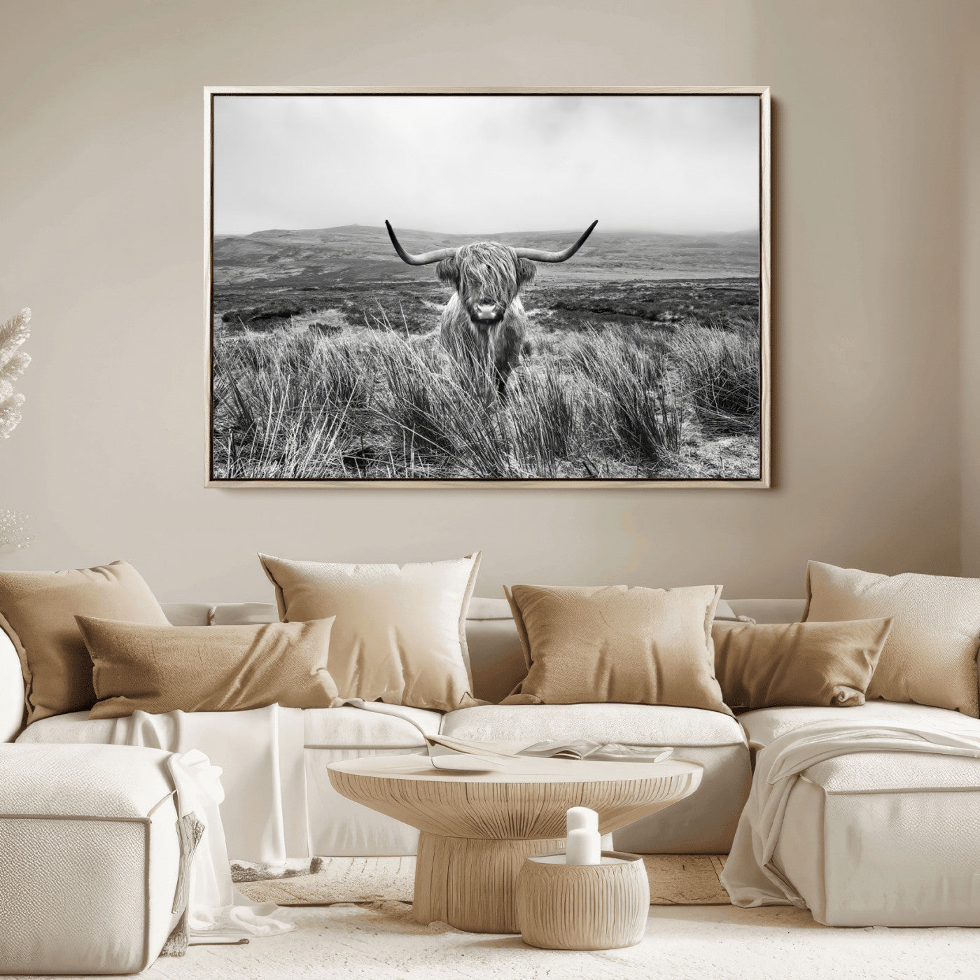 24051061-MGV-FC-36X24_Natural-Monochrome Highland Cow Wall Art Canvas Print, Framed Scottish Bull Art Picture Print, Lone Cattle Perfect Rustic Farmhouse Decor