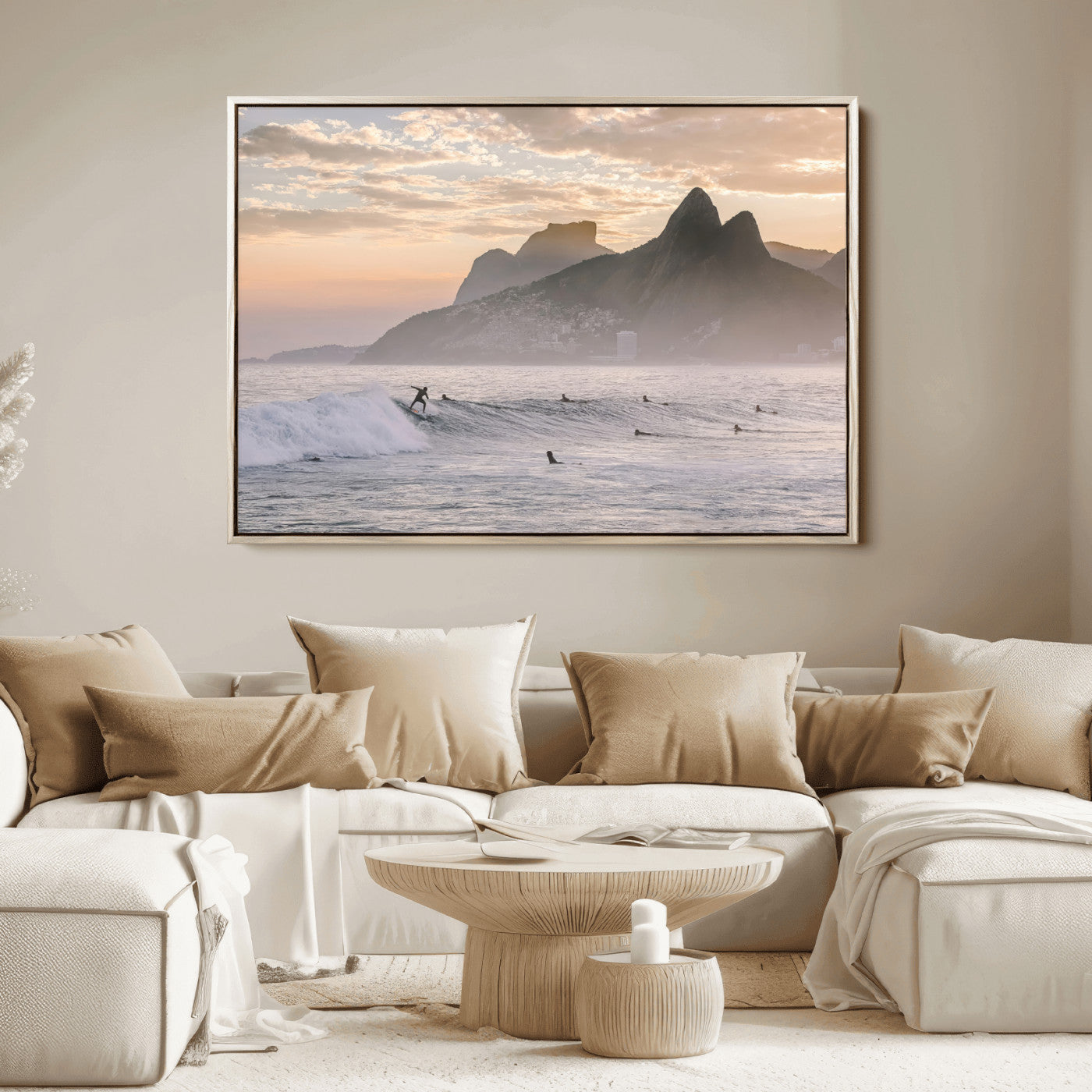 70644906-MGV-FC-36X24_Natural-Sunset Surfing Wall Art Canvas Print, Framed Misty Mountains Art Picture Print, Surfer Riding Wave Perfect Coastal Adventure Decor