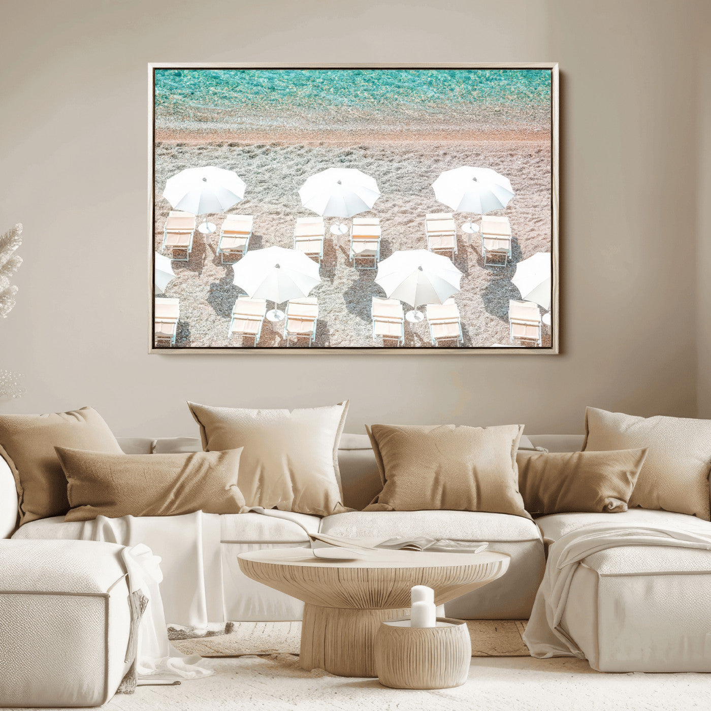 83736167-MGV-FC-36X24_Natural-Calm Beach Wall Art Canvas Print, Framed Turquoise Water Art Picture Print, Umbrella Shoreline Perfect Coastal Minimalist Decor
