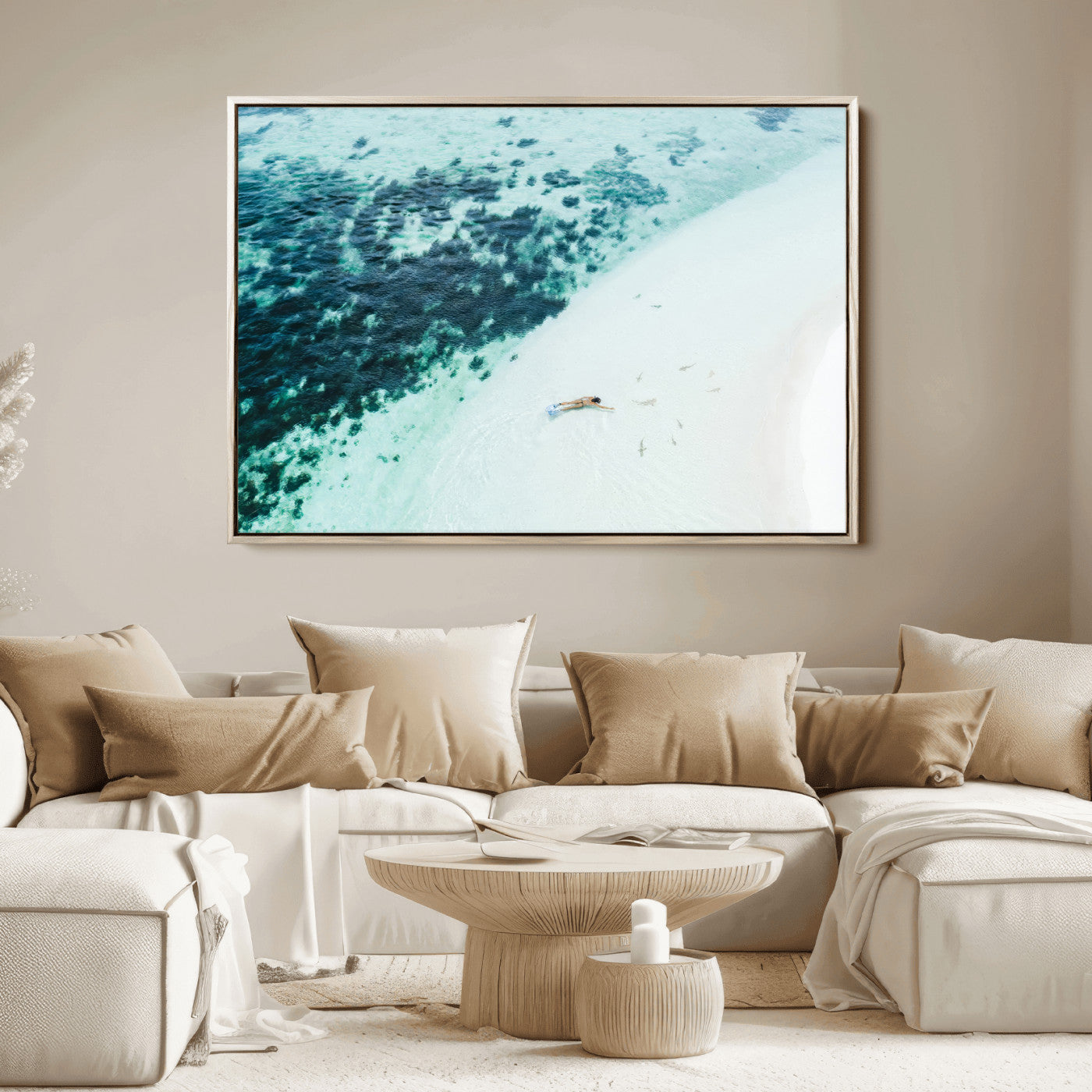 33764764-MGV-FC-36X24_Natural-Minimal Beach Wall Art Canvas Print, Framed Ocean Swimming Art Picture Print, Clear Ocean Perfect Minimal Coastal Decor Artwork