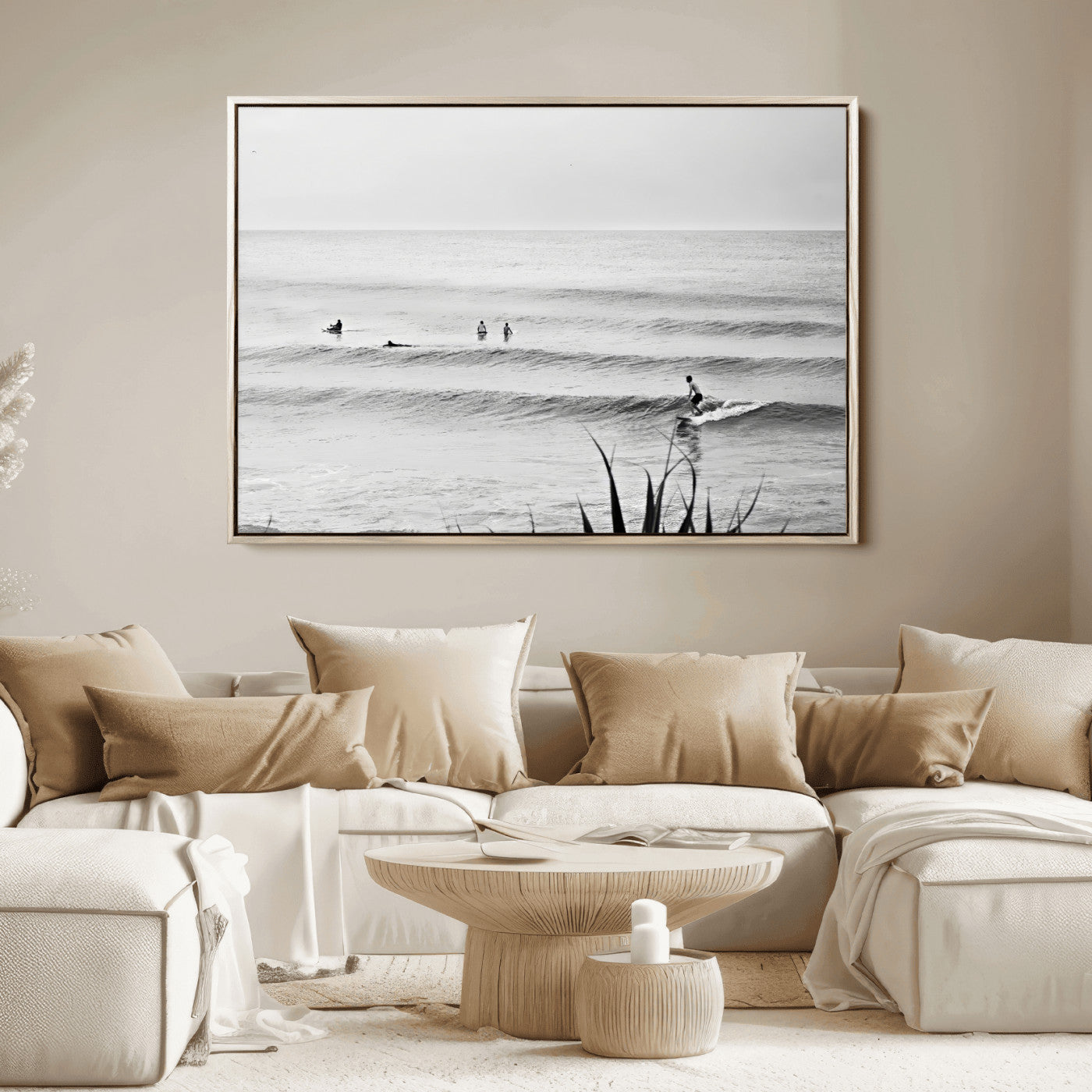 33821421-MGV-FC-36X24_Natural-Surfer Silhouette Wall Art Canvas Print, Framed Calm Ocean Art Picture Print, Monochrome Surf Perfect Minimalist Coastal Decor