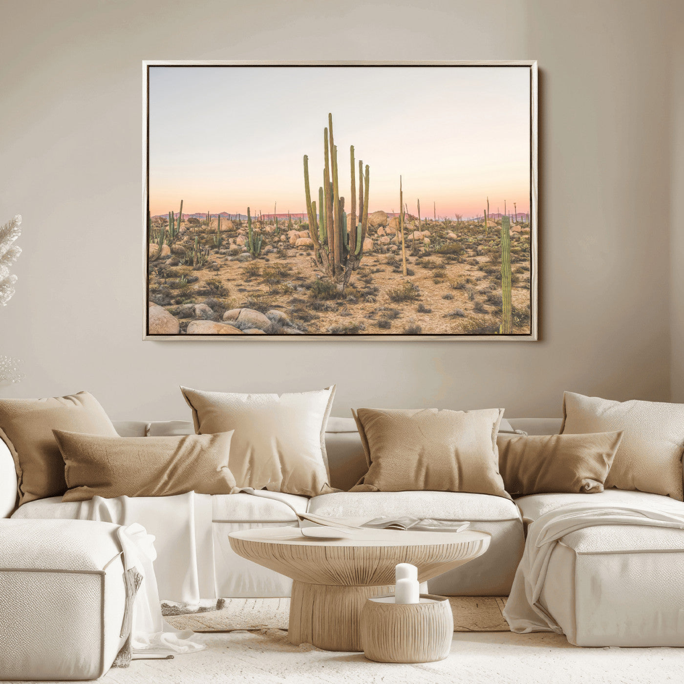 76234974-MGV-FC-36X24_Natural-Desert Cactus Wall Art Canvas Print, Framed Baja Desert Art Picture Print, Pastel Desert Perfect Southwestern Boho Decor Artwork