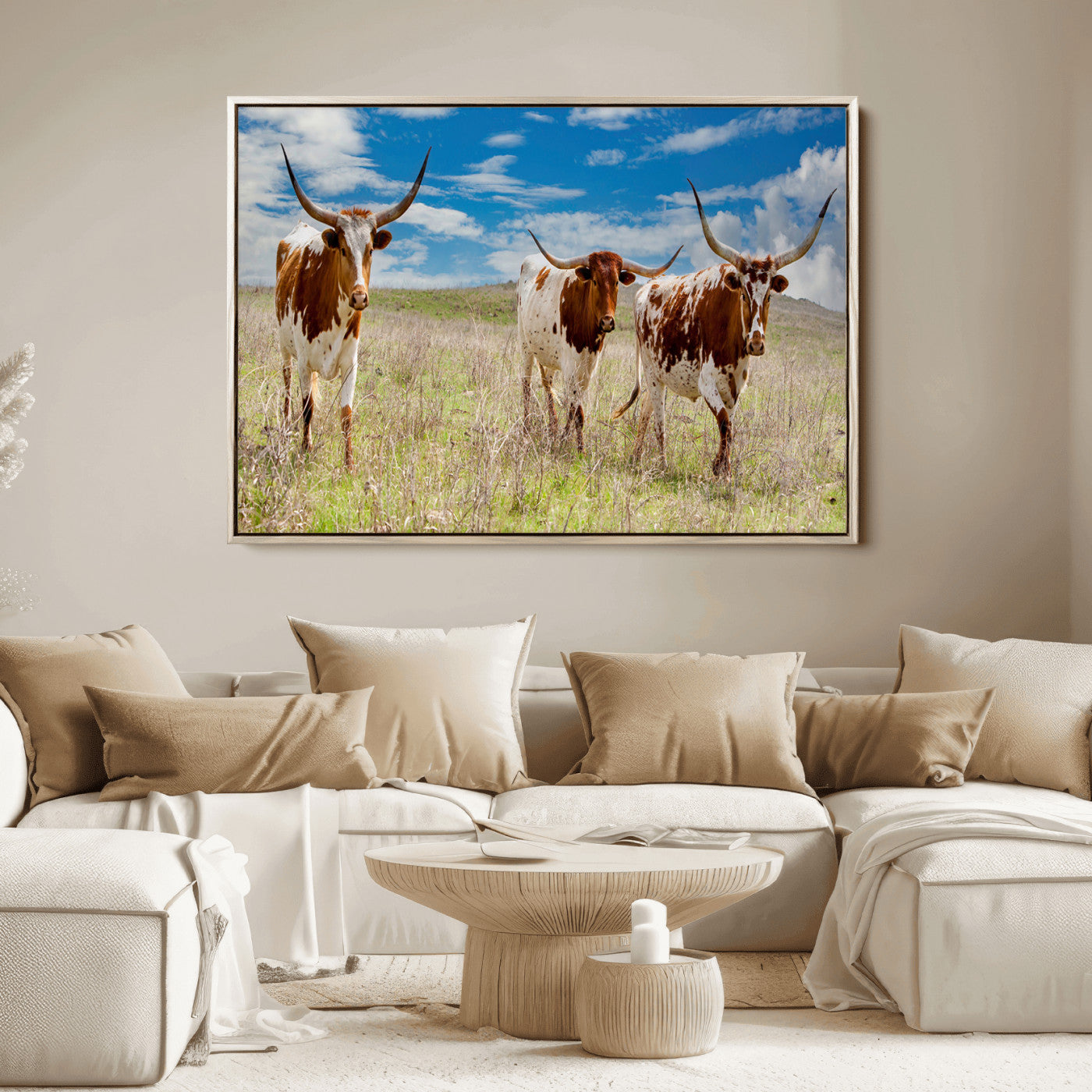 58099948-MGV-FC-36X24_Natural-Texas Longhorn Wall Art Canvas Print, Framed Western Decor Art Picture Print, Rustic Farmhouse Perfect Western Farmhouse Decor