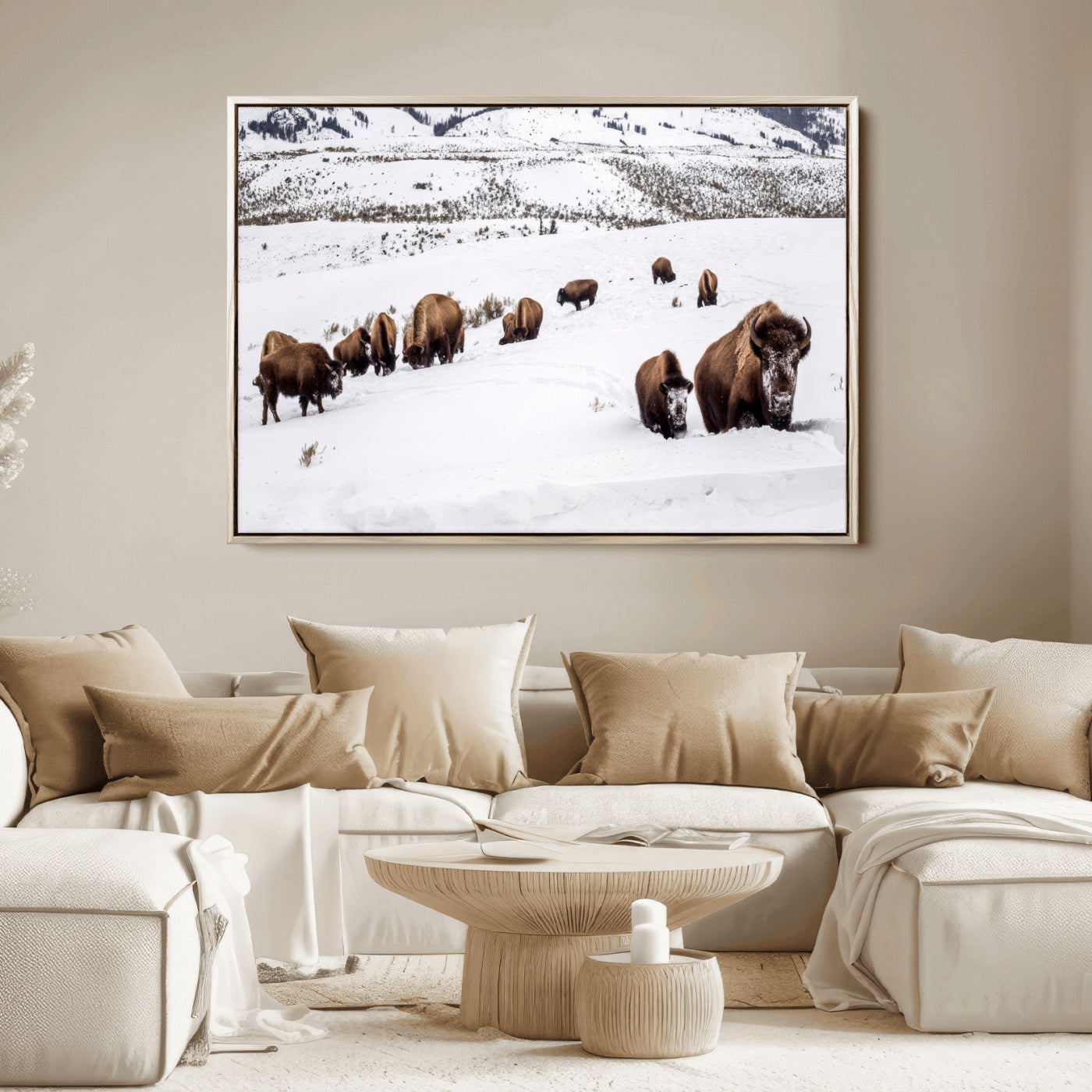 13891210-MGV-FC-36X24_Natural-Bison Herd Scene Wall Art Canvas Print, Framed Western Wildlife Decor Art Picture Print, Snowy Mountain Valley Perfect Rustic