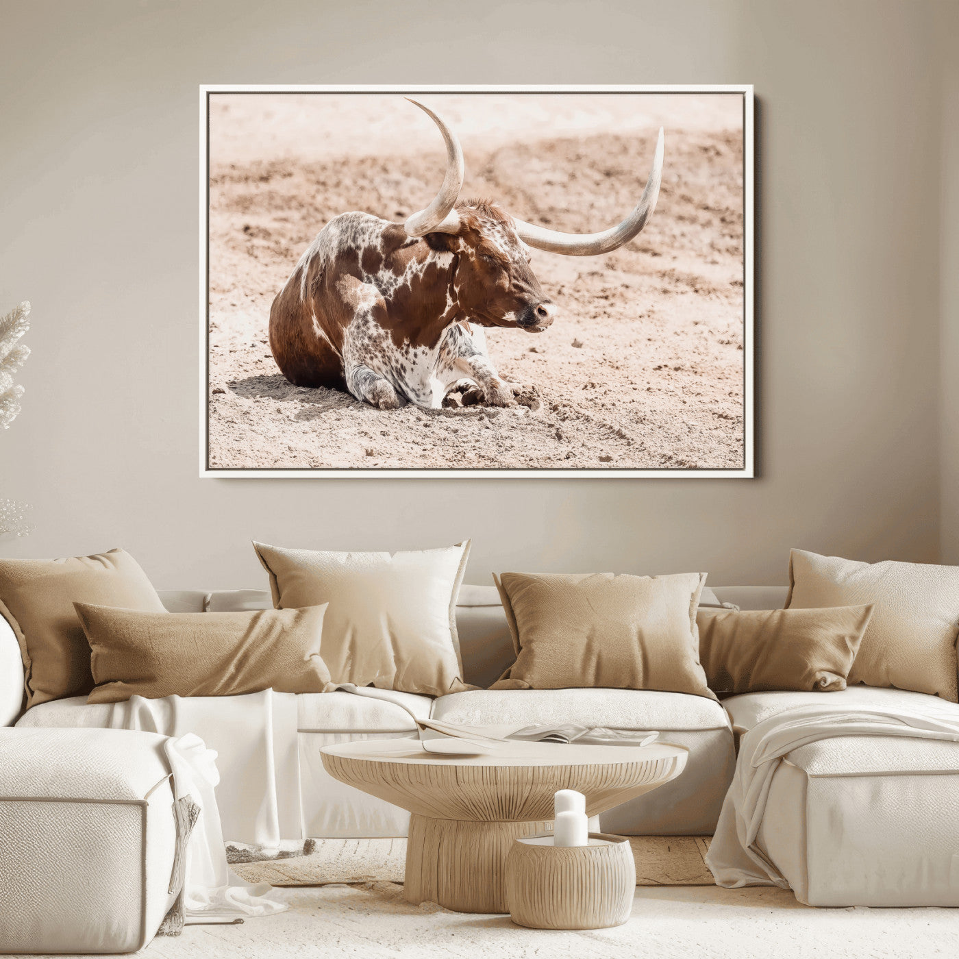 25407592-MGV-FC-36X24_White-Texas Longhorn Wall Art Canvas Print, Framed Resting Bull Art Picture Print, Spotted Cattle Perfect Rustic Western Decor Artwork