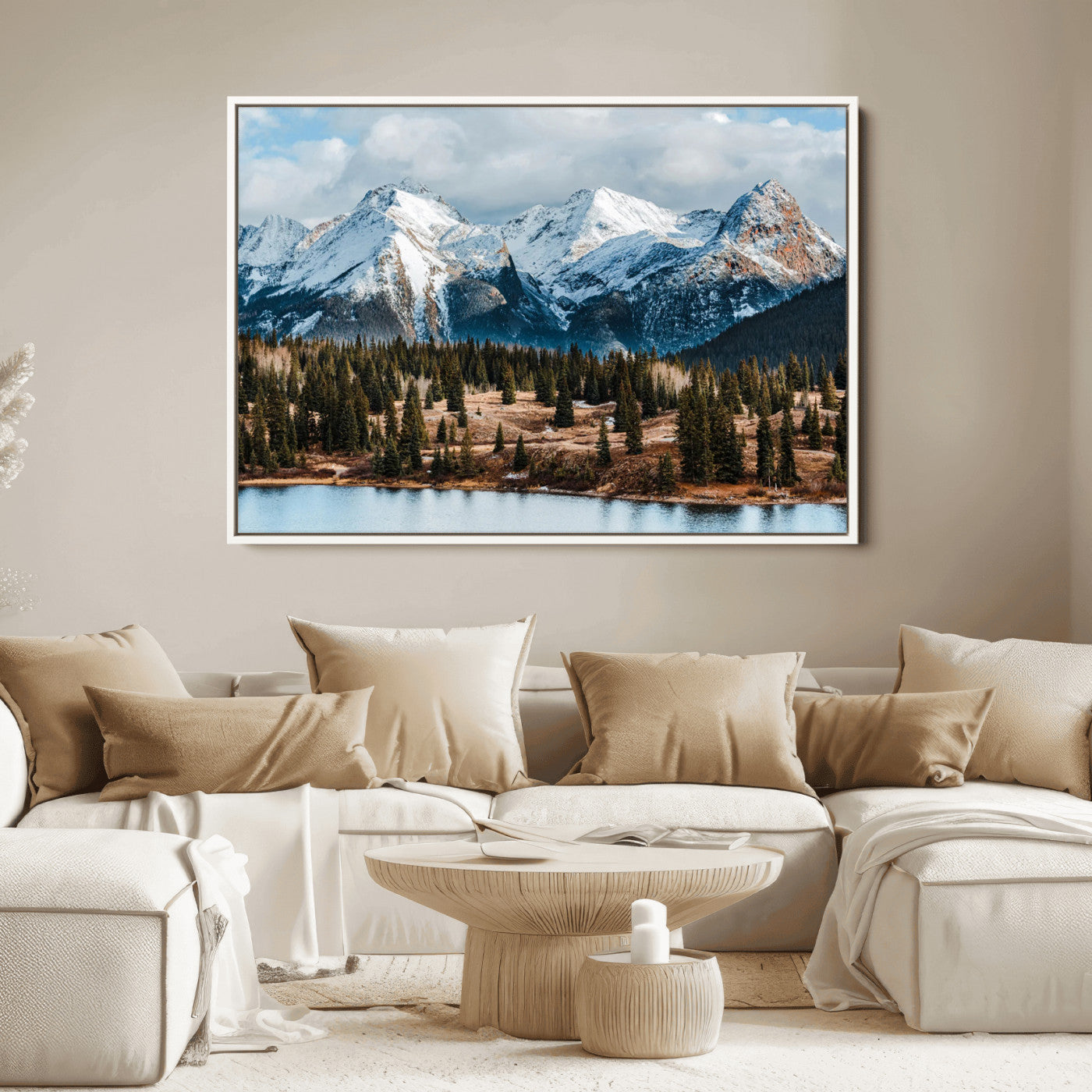 36247746-MGV-FC-36X24_White-Snowy Peaks Wall Art Canvas Print, Framed Alpine Lake Art Picture Print, Pine Forest Perfect Alpine Wilderness Decor Artwork