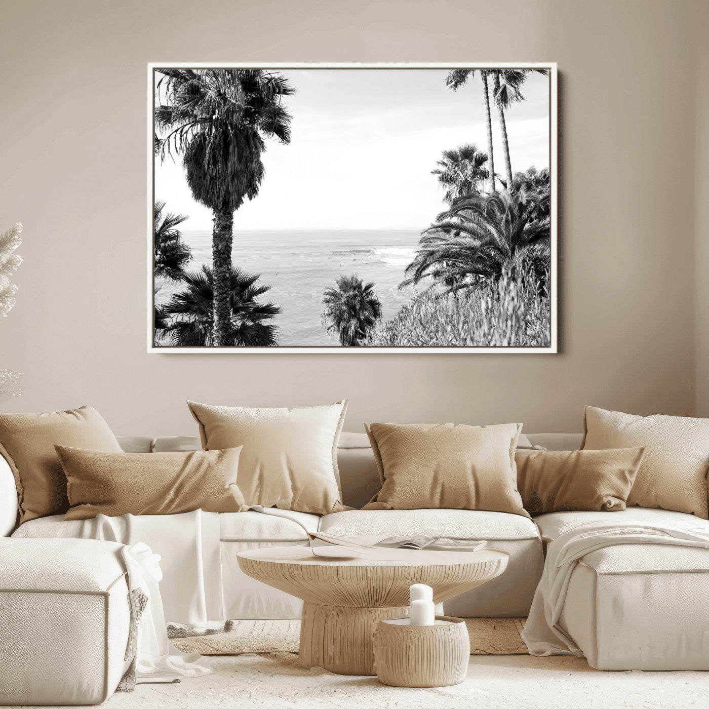 89458520-MGV-FC-36X24_White-Palm Trees Wall Art Canvas Print, Framed Coastal View Art Picture Print, Ocean Horizon Perfect Monochrome Coast Decor Artwork
