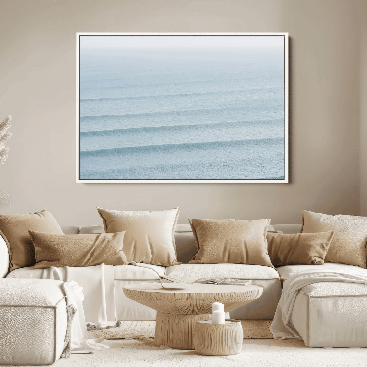 47814787-MGV-FC-36X24_White-Ocean Waves Wall Art Canvas Print, Framed Solo Surfer Art Picture Print, Wave Lines Perfect Minimalist Ocean Decor Artwork
