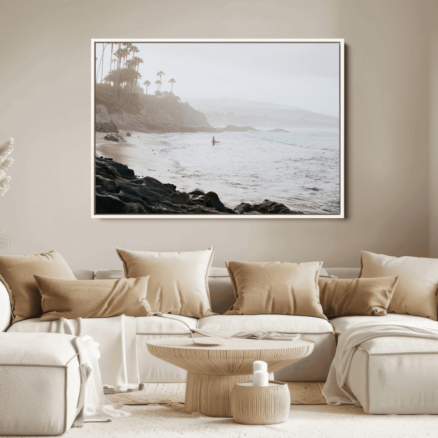 62501405-MGV-FC-36X24_White-Misty Beach Wall Art Canvas Print, Framed California Surfer Art Picture Print, Coastal Cliff Perfect Coastal Beach Decor Artwork