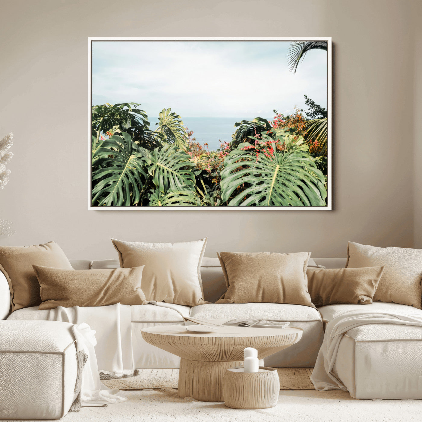 45700479-MGV-FC-36X24_White-Monstera Leaves Wall Art Canvas Print, Framed Tropical Ocean Art Picture Print, Tropical Foliage Perfect Tropical Coastal Jungle