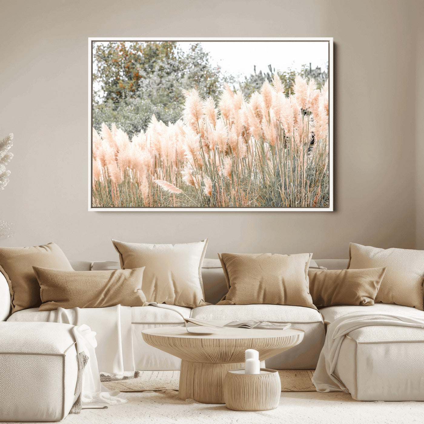 21826392-MGV-FC-36X24_White-Pampas Grass Wall Art Canvas Print, Framed Soft Pampas Art Picture Print, Pastel Grasses Perfect Soft Neutral Boho Decor Artwork