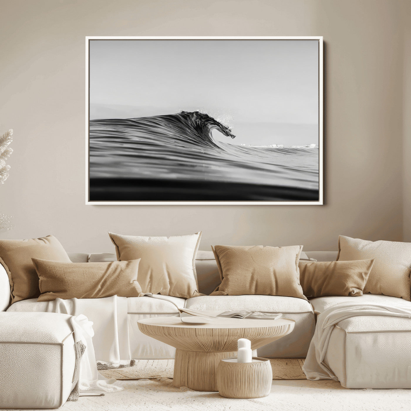 24029476-MGV-FC-36X24_White-Black Wave Wall Art Canvas Print, Framed Abstract Surf Art Picture Print, Minimalist Ocean Perfect Minimalist Coastal Decor