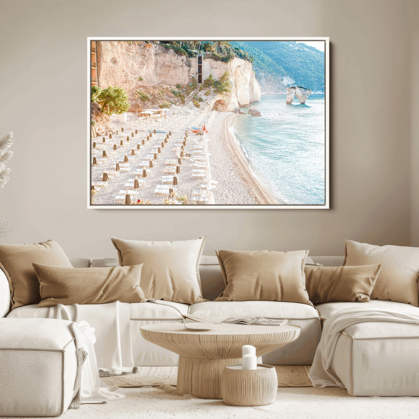 84816639-MGV-FC-36X24_White-Mediterranean Beach Wall Art Canvas Print, Framed Airy Coastal Art Picture Print, Summer Shore Perfect Coastal Retreat Decor
