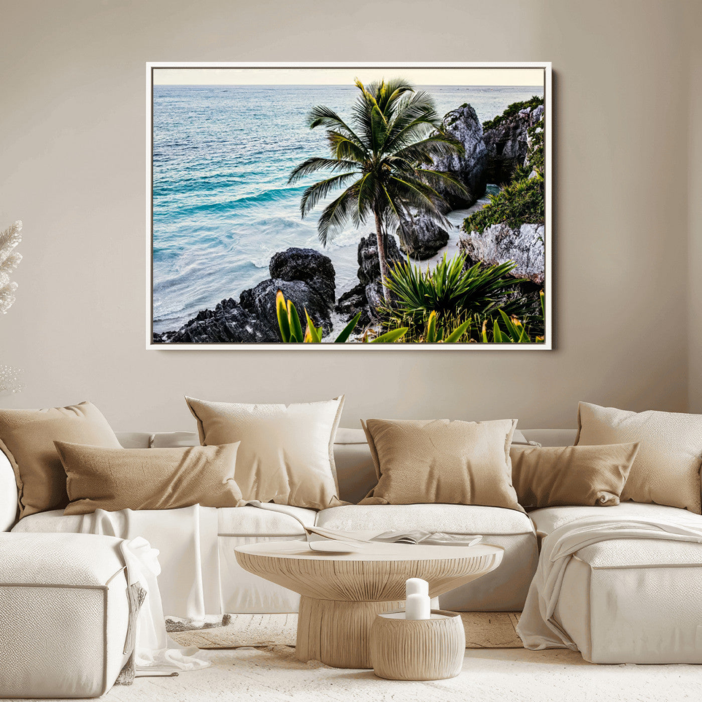 94669907-MGV-FC-36X24_White-Tropical Coastline Wall Art Canvas Print, Framed Palm Tree Art Picture Print, Rocky Beach Perfect Tropical Coastal Decor Artwork