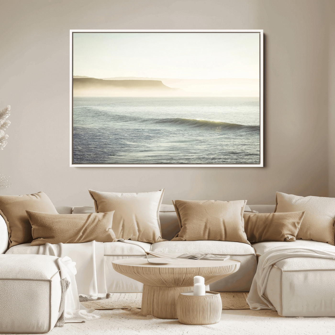 39310633-MGV-FC-36X24_White-Coastal Cliffs Wall Art Canvas Print, Framed Misty Ocean Art Picture Print, Morning Light Perfect Minimalistic Coastal Decor