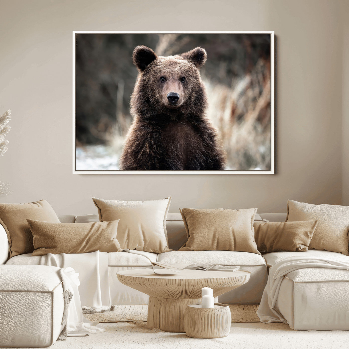47112103-MGV-FC-36X24_White-Brown Bear Wall Art Canvas Print, Framed Forest Wildlife Art Picture Print, Woodland Bear Perfect Rustic Cabin Decor Artwork