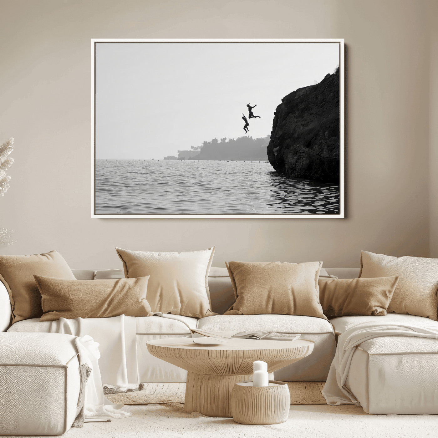 52284302-MGV-FC-36X24_White-Cliff Jumping Wall Art Canvas Print, Framed Ocean Adventure Art Picture Print, Black White Coast Perfect Modern Coastal Decor