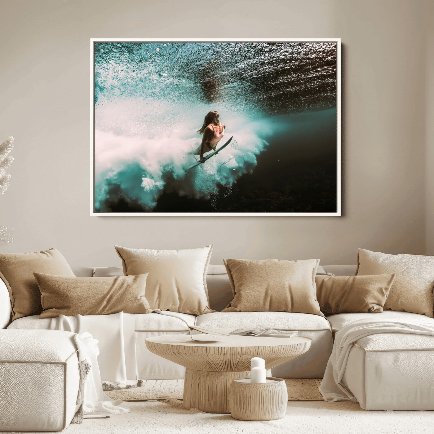 85923512-MGV-FC-36X24_White-Aquatic Motion Wall Art Canvas Print, Framed Underwater Swimming Art Picture Print, Female Surfer Diving Perfect Coastal Boho