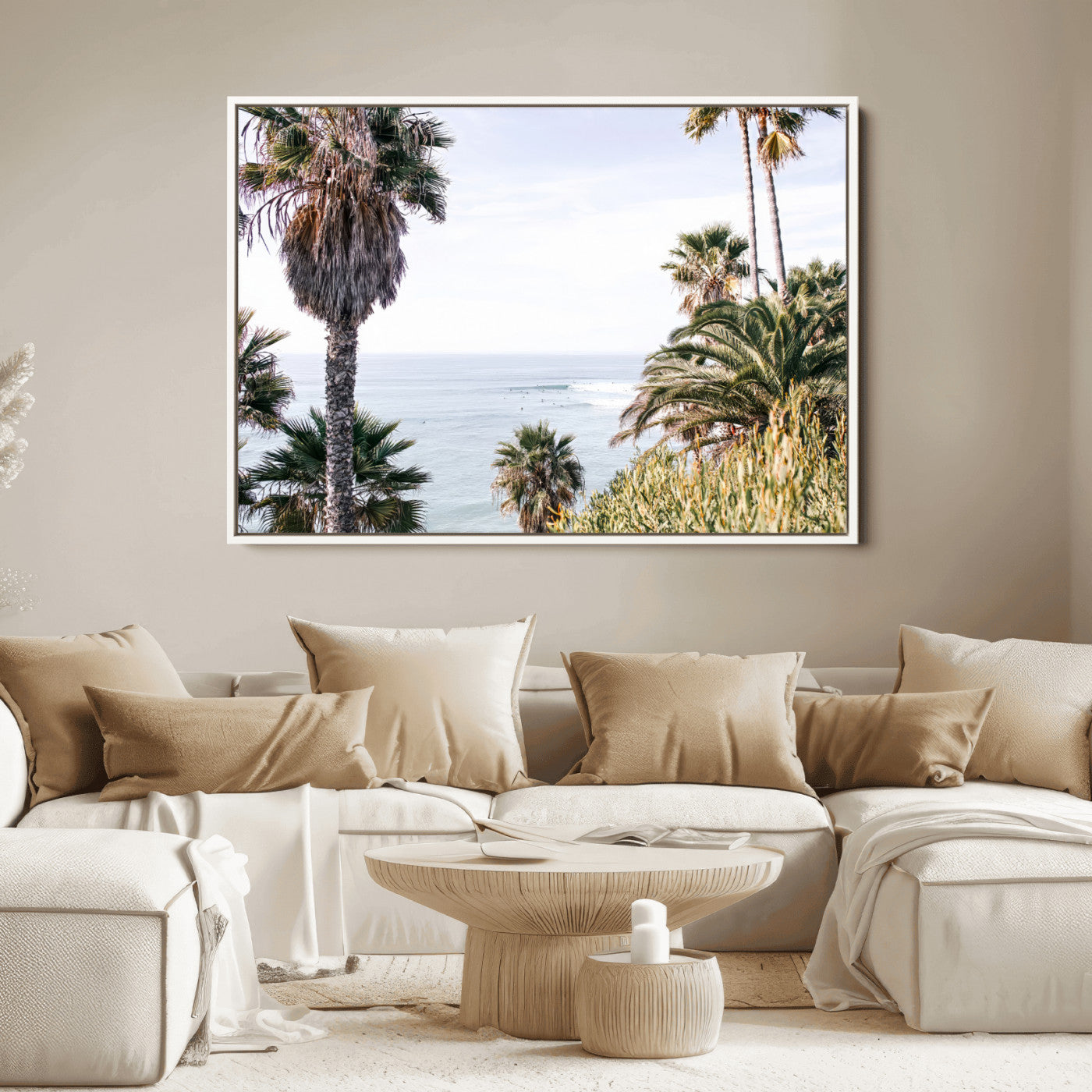 51404565-MGV-FC-36X24_White-Palm Trees Wall Art Canvas Print, Framed Ocean Breeze Art Picture Print, Coastal View Perfect Tropical Coastal Decor Artwork