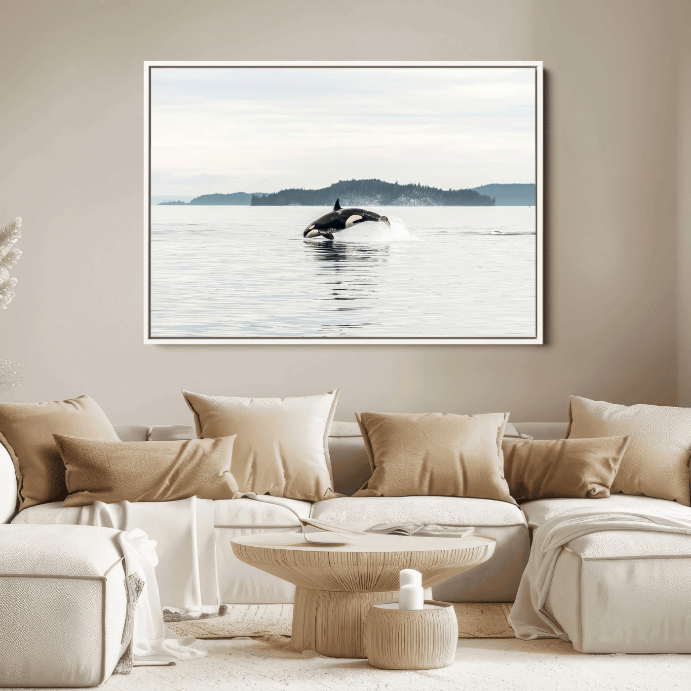 10157174-MGV-FC-36X24_White-Orca Whale Wall Art Canvas Print, Framed Black White Whale Art Picture Print, Minimalist Ocean Perfect Coastal Minimalist Decor