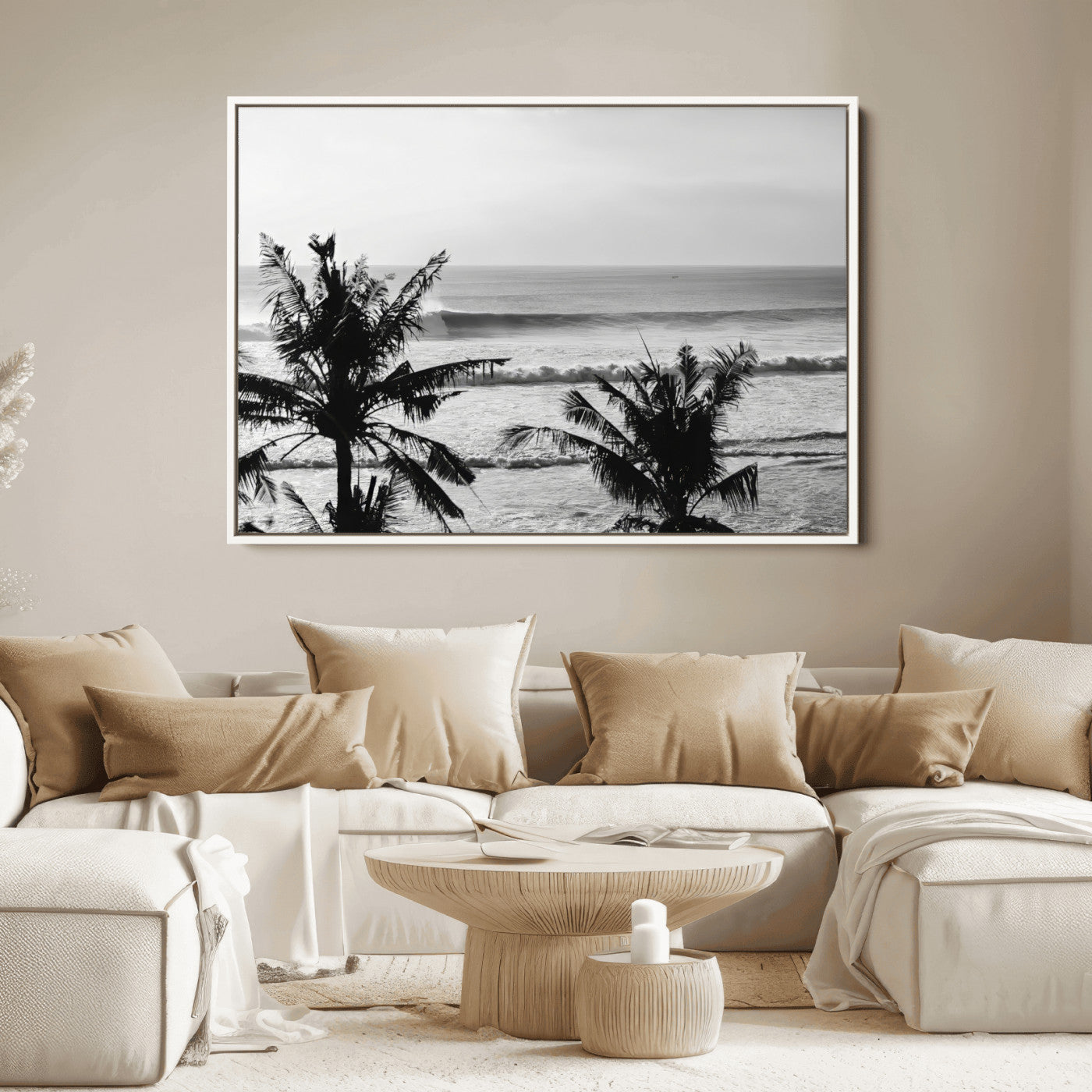 17508038-MGV-FC-36X24_White-Tropical Coastline Wall Art Canvas Print, Framed Palm Trees Art Picture Print, Ocean Waves Perfect Minimalist Coastal Decor