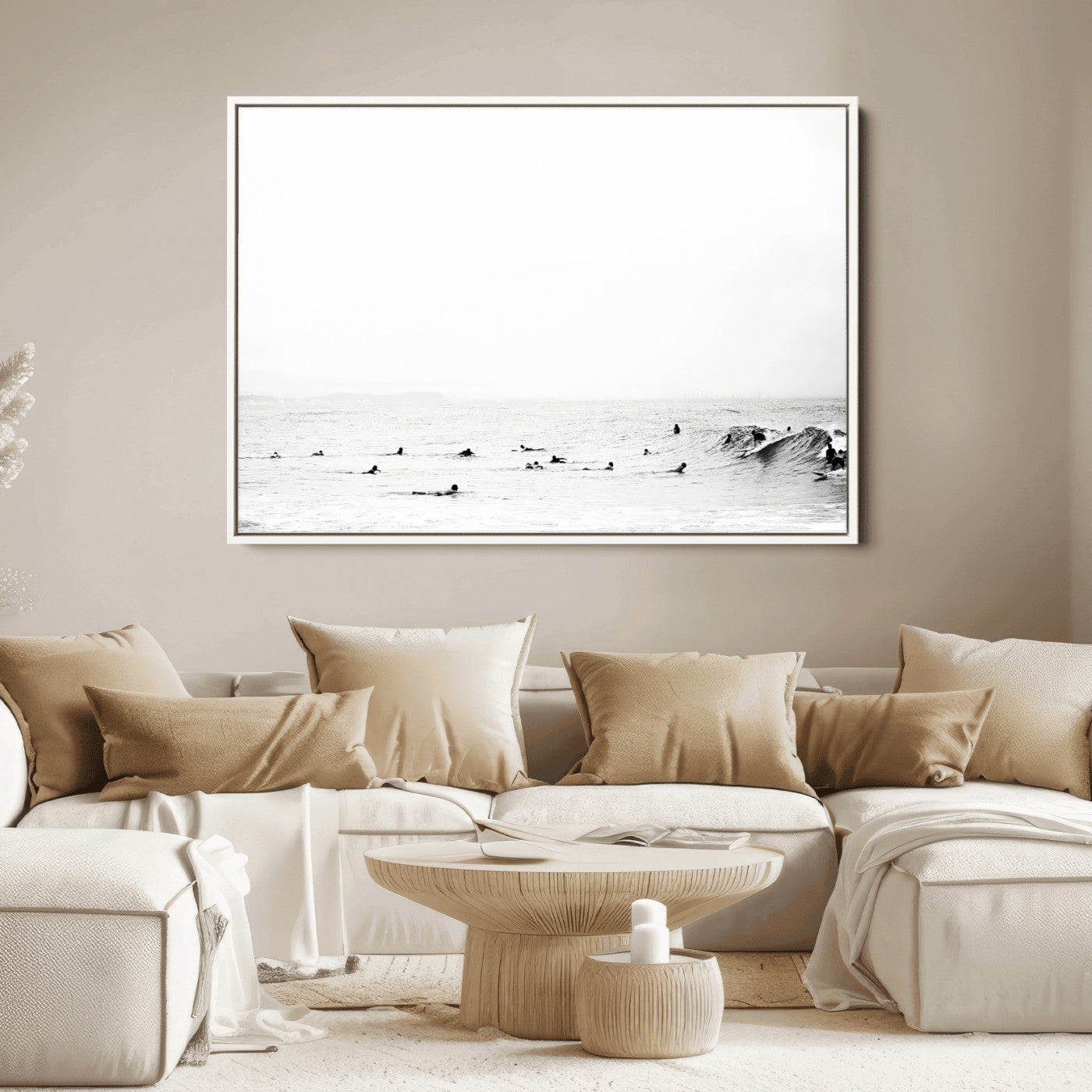 38441169-MGV-FC-36X24_White-Monochrome Swimming Wall Art Canvas Print, Framed Ocean Horizon Art Picture Print, Moody Coastal Perfect Minimalist Coastal Decor