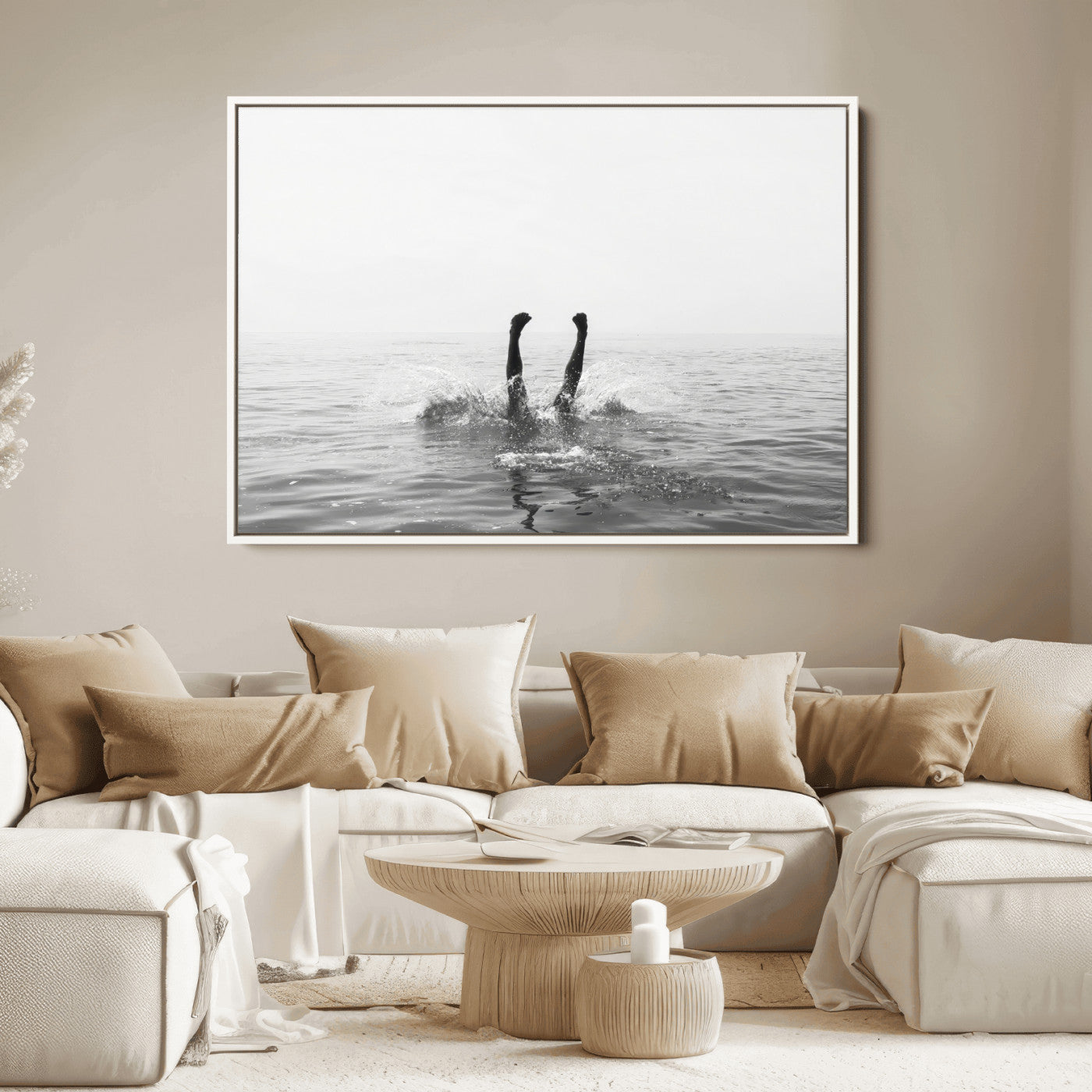 26667396-MGV-FC-36X24_White-Black White Ocean Wall Art Canvas Print, Framed Monochrome Water Art Picture Print, Diving into Water Perfect Minimalist Aquatic