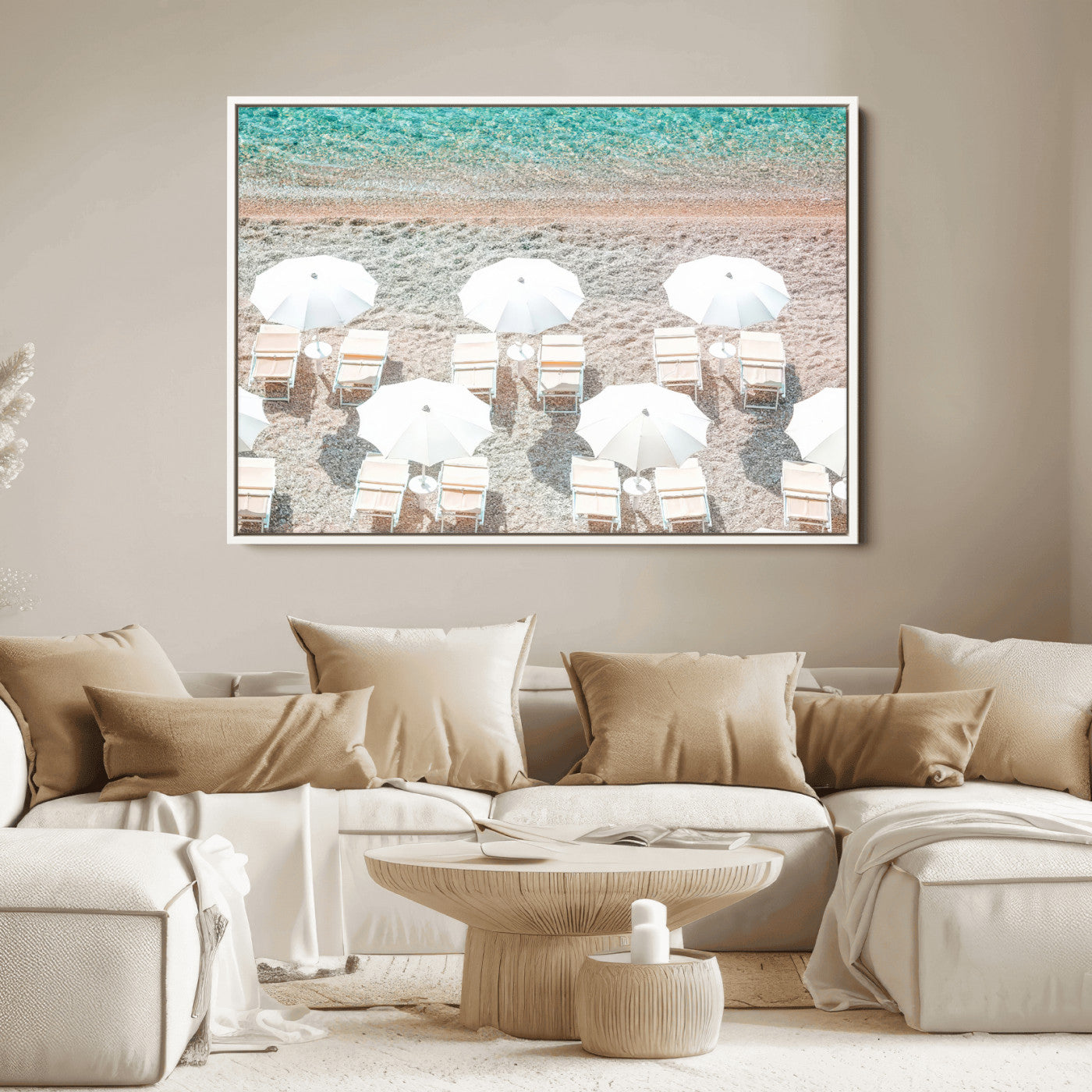 83736167-MGV-FC-36X24_White-Calm Beach Wall Art Canvas Print, Framed Turquoise Water Art Picture Print, Umbrella Shoreline Perfect Coastal Minimalist Decor