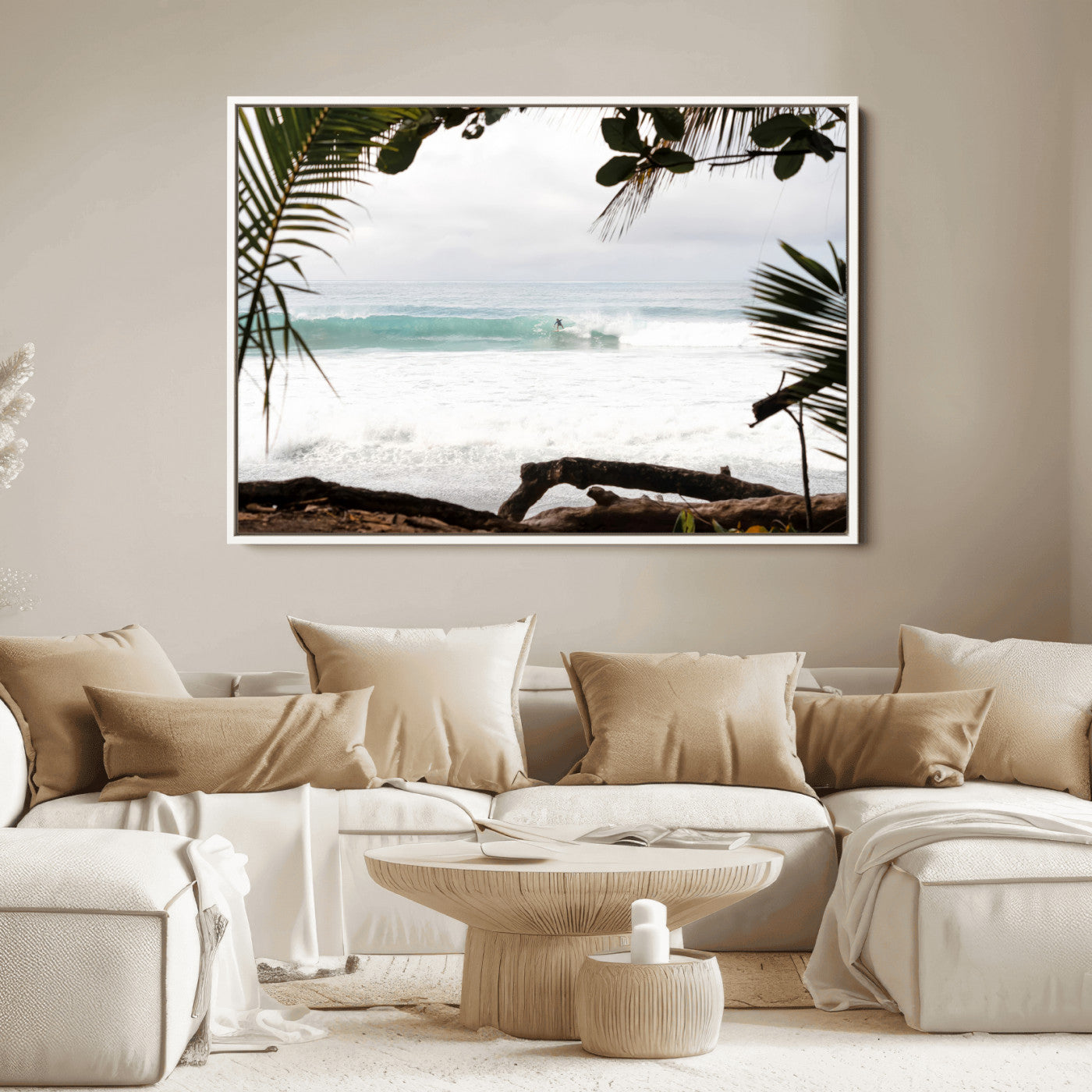 50382104-MGV-FC-36X24_White-Tropical Surf Wall Art Canvas Print, Framed Palm Tree View Art Picture Print, Beach House Art Perfect Boho Coastal Decor Artwork