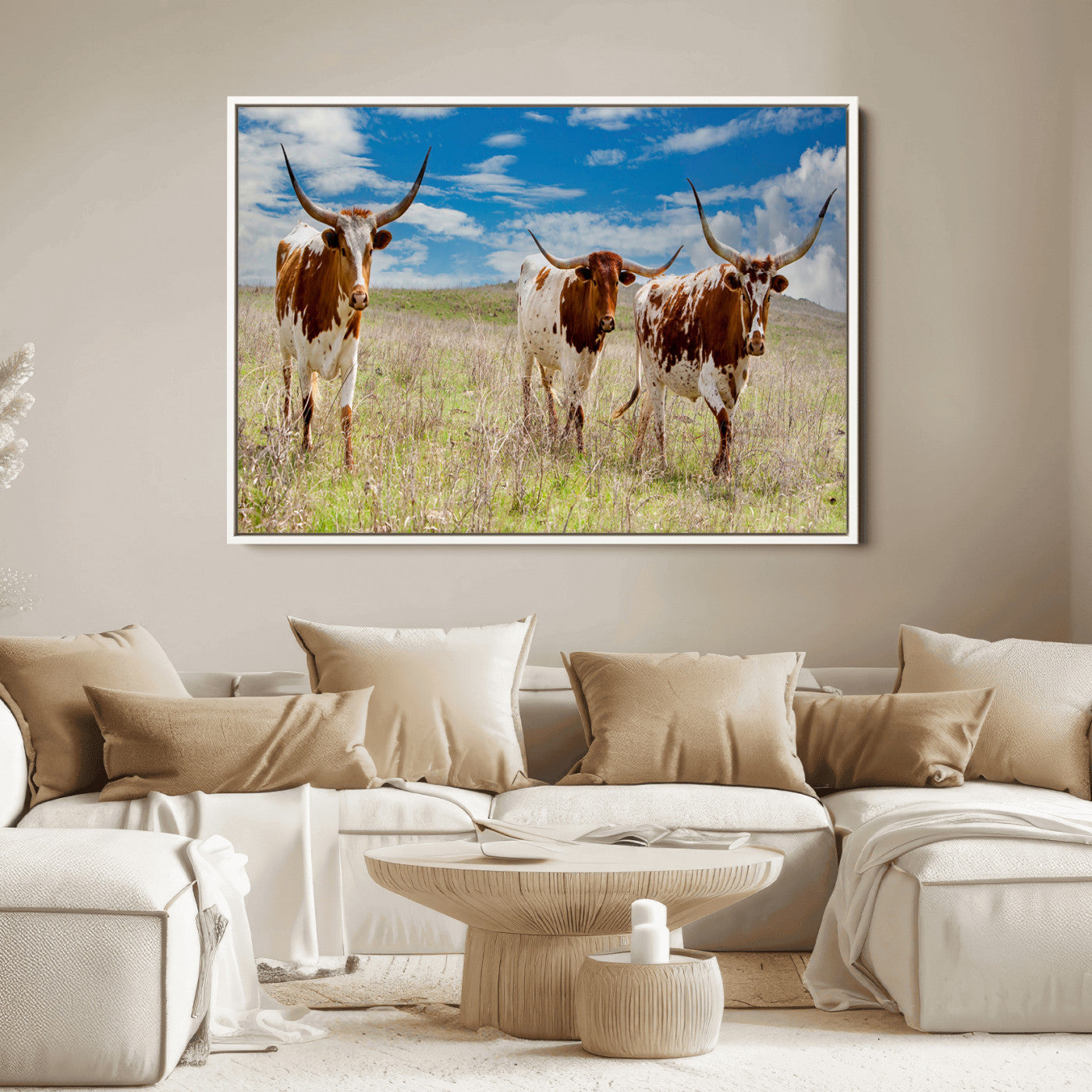 58099948-MGV-FC-36X24_White-Texas Longhorn Wall Art Canvas Print, Framed Western Decor Art Picture Print, Rustic Farmhouse Perfect Western Farmhouse Decor