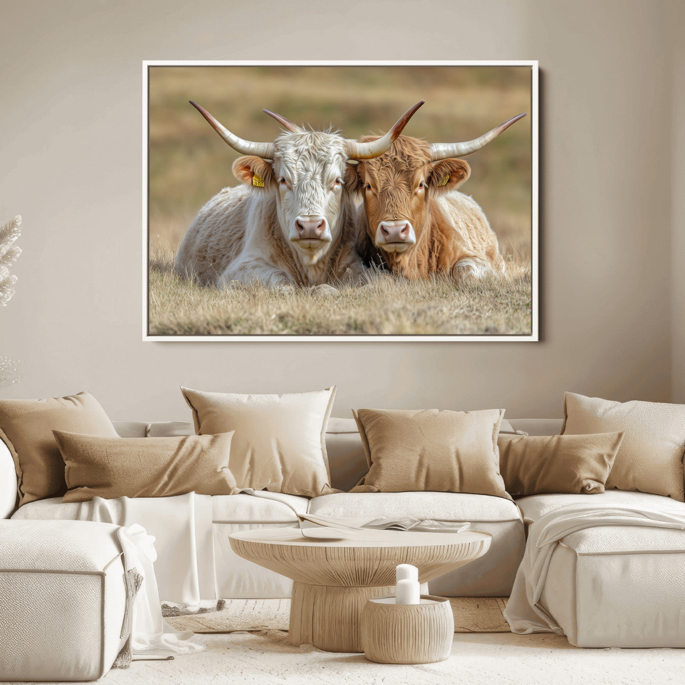53388593-MGV-FC-36X24_White-Cow Photography Wall Art Canvas Print, Framed Rustic Animal Decor Art Picture Print, Texas Cow Pair Perfect Western Farmhouse