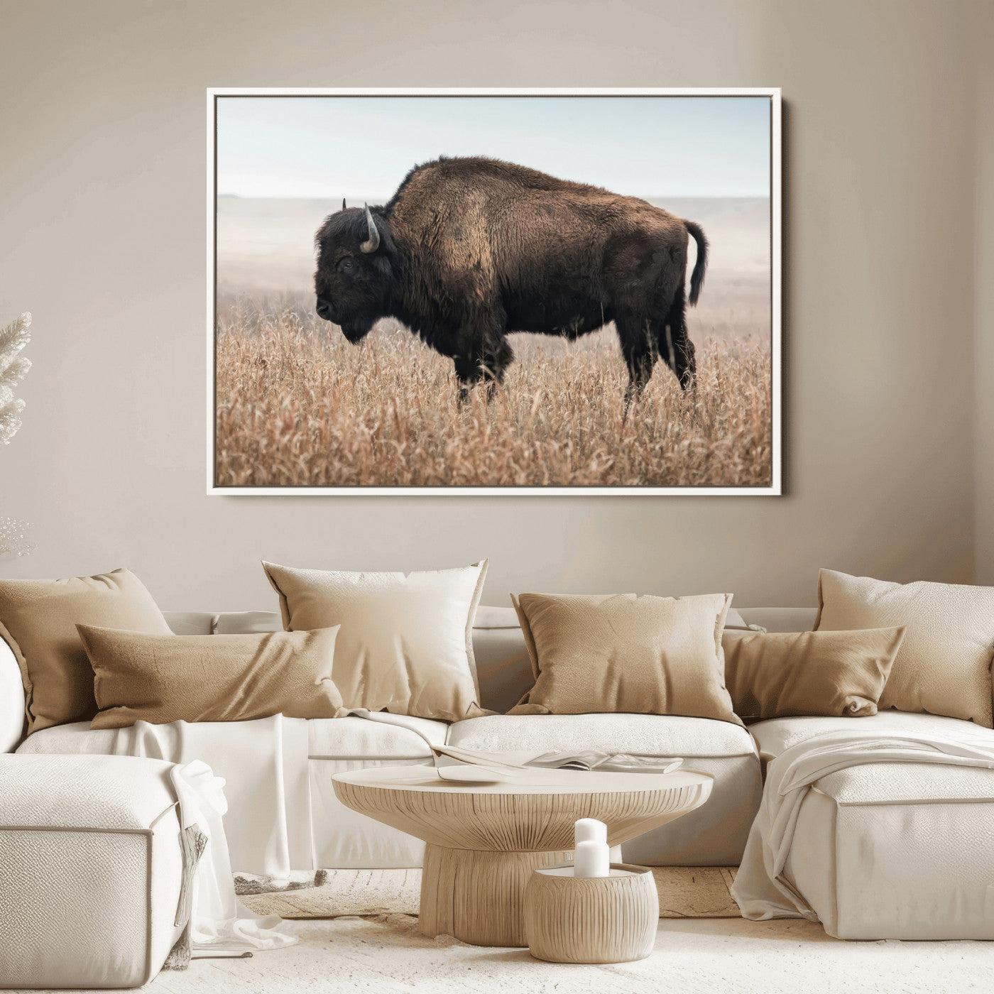 34451925-MGV-FC-36X24_White-Rustic Bison Decor Wall Art Canvas Print, Framed Buffalo Home Accent Art Picture Print, Prairie Wildlife Scene Perfect Western