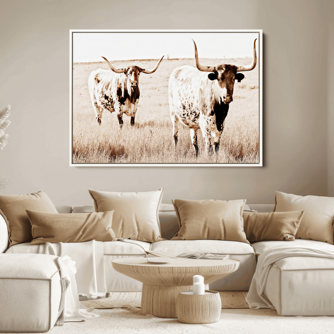 39672786-MGV-FC-36X24_White-Rustic Cow Scene Wall Art Canvas Print, Framed Farmhouse Style Cattle Art Picture Print, Prairie Animal Duo Perfect Rustic Western