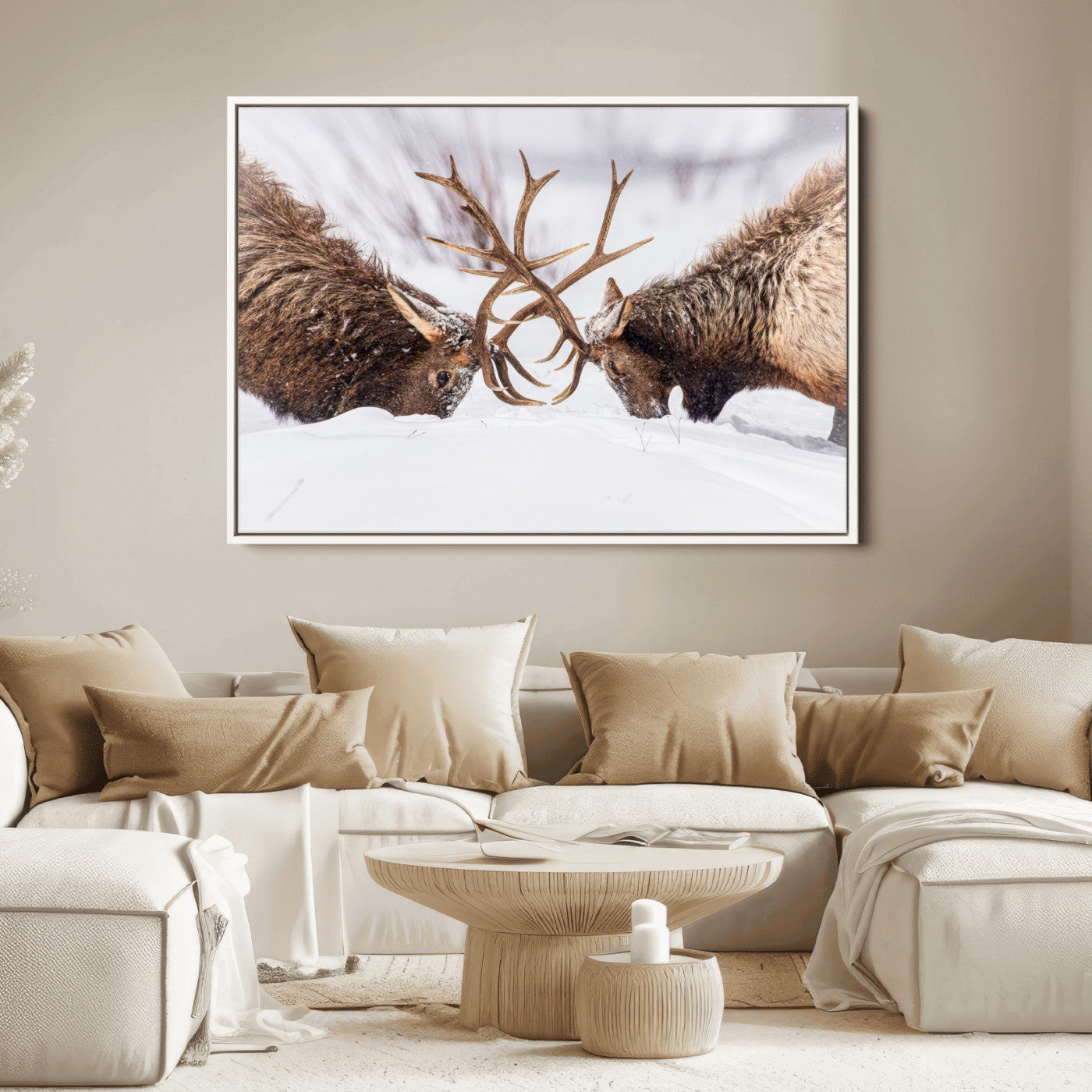 36507609-MGV-FC-36X24_White-Elk Clash Scene Wall Art Canvas Print, Framed Wildlife Strength Decor Art Picture Print, Snowy Forest Elk Perfect Rustic Lodge