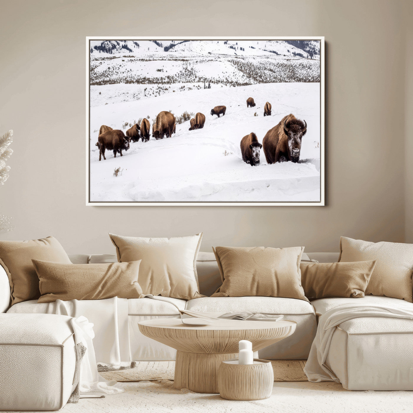13891210-MGV-FC-36X24_White-Bison Herd Scene Wall Art Canvas Print, Framed Western Wildlife Decor Art Picture Print, Snowy Mountain Valley Perfect Rustic