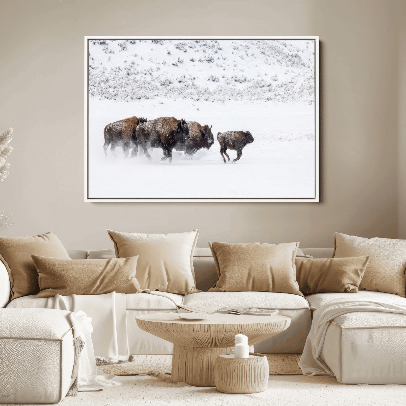 56216945-MGV-FC-36X24_White-Bison Herd Decor Wall Art Canvas Print, Framed Snowy Bison Scene Art Picture Print, Winter Wildlife Theme Perfect Rustic Western