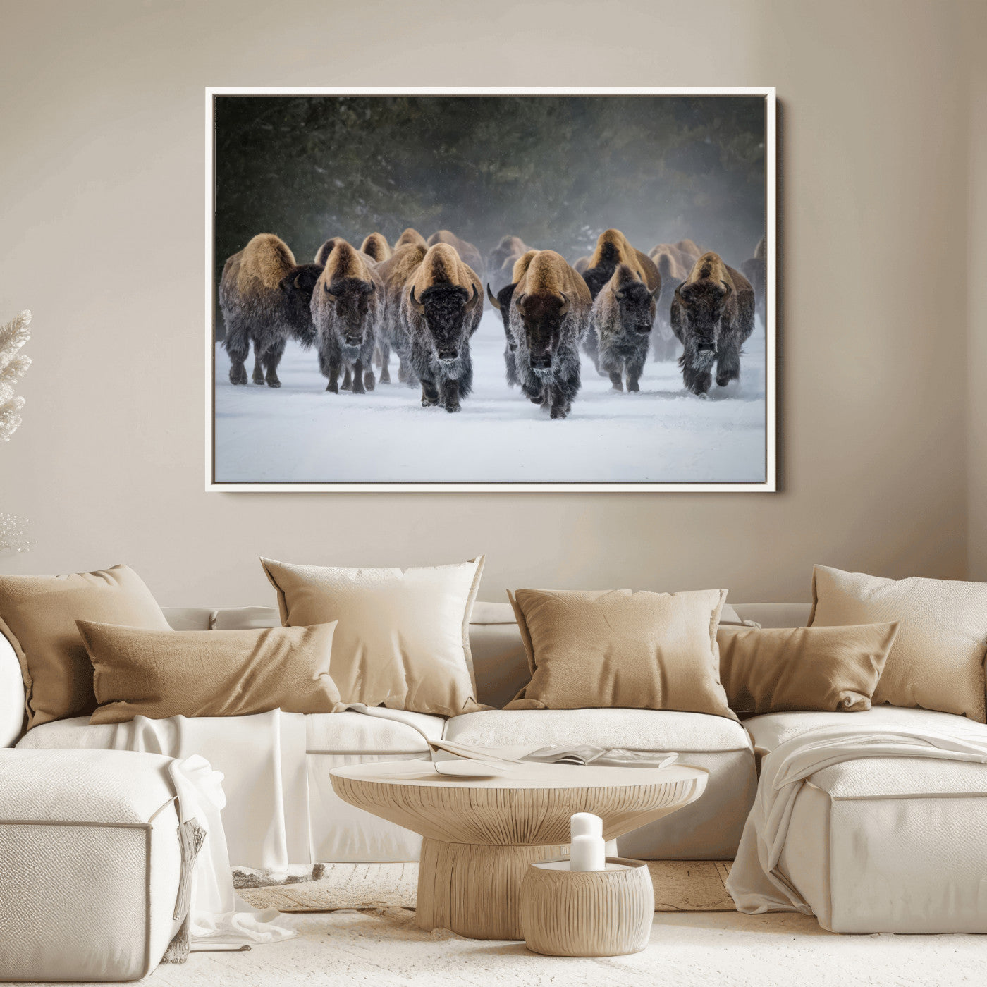 41669135-MGV-FC-36X24_White-Bison Herd Scene Wall Art Canvas Print, Framed Rustic Wildlife Decor Art Picture Print, Snowy Bison Landscape Perfect Rustic