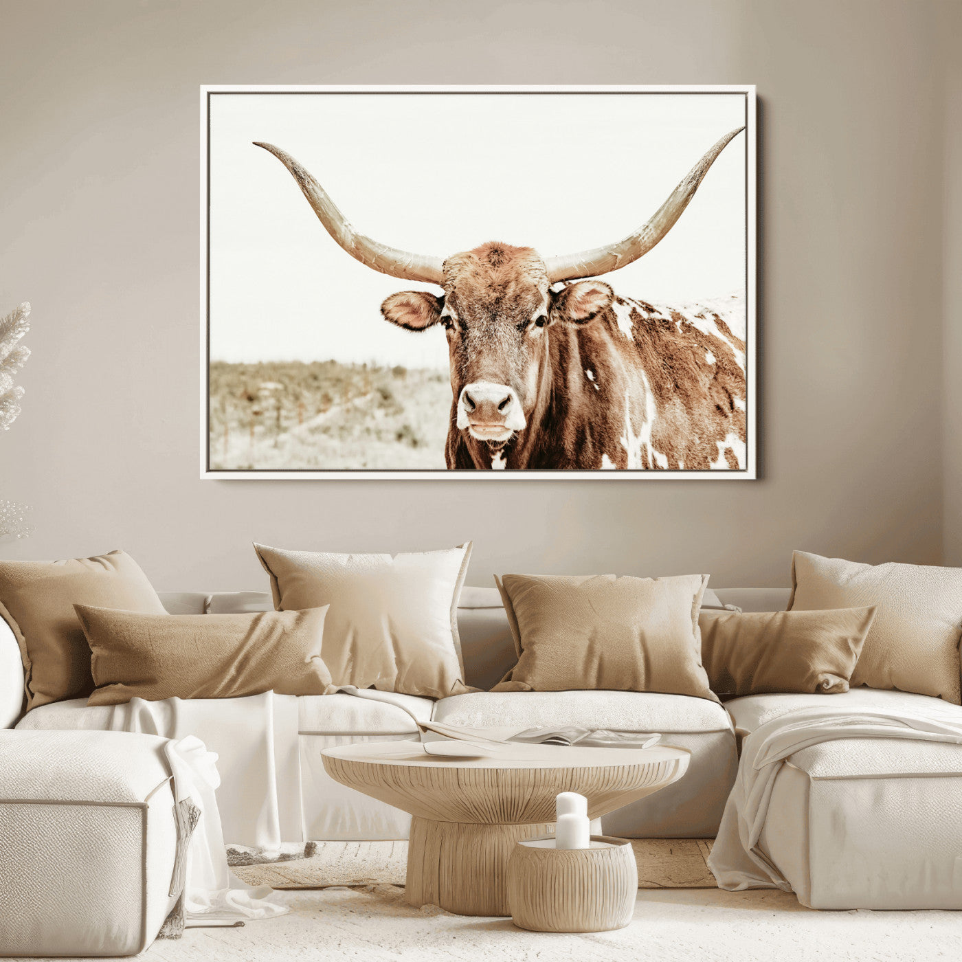 98924580-MGV-FC-36X24_White-Texas Longhorn Bull Wall Art Canvas Print, Framed Rustic Farmhouse Decor Art Picture Print, Western Animal Theme Perfect Rustic