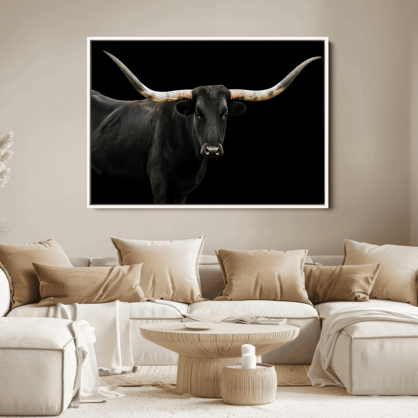 23572907-MGV-FC-36X24_White-Texas Longhorn Wall Art Canvas Print, Framed Rustic Western Decor Art Picture Print, Farmhouse Animal Perfect Modern Western