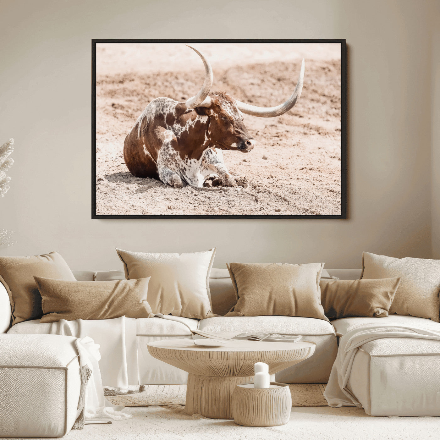 25407592-MGV-FC-36X24_Black-Texas Longhorn Wall Art Canvas Print, Framed Resting Bull Art Picture Print, Spotted Cattle Perfect Rustic Western Decor Artwork