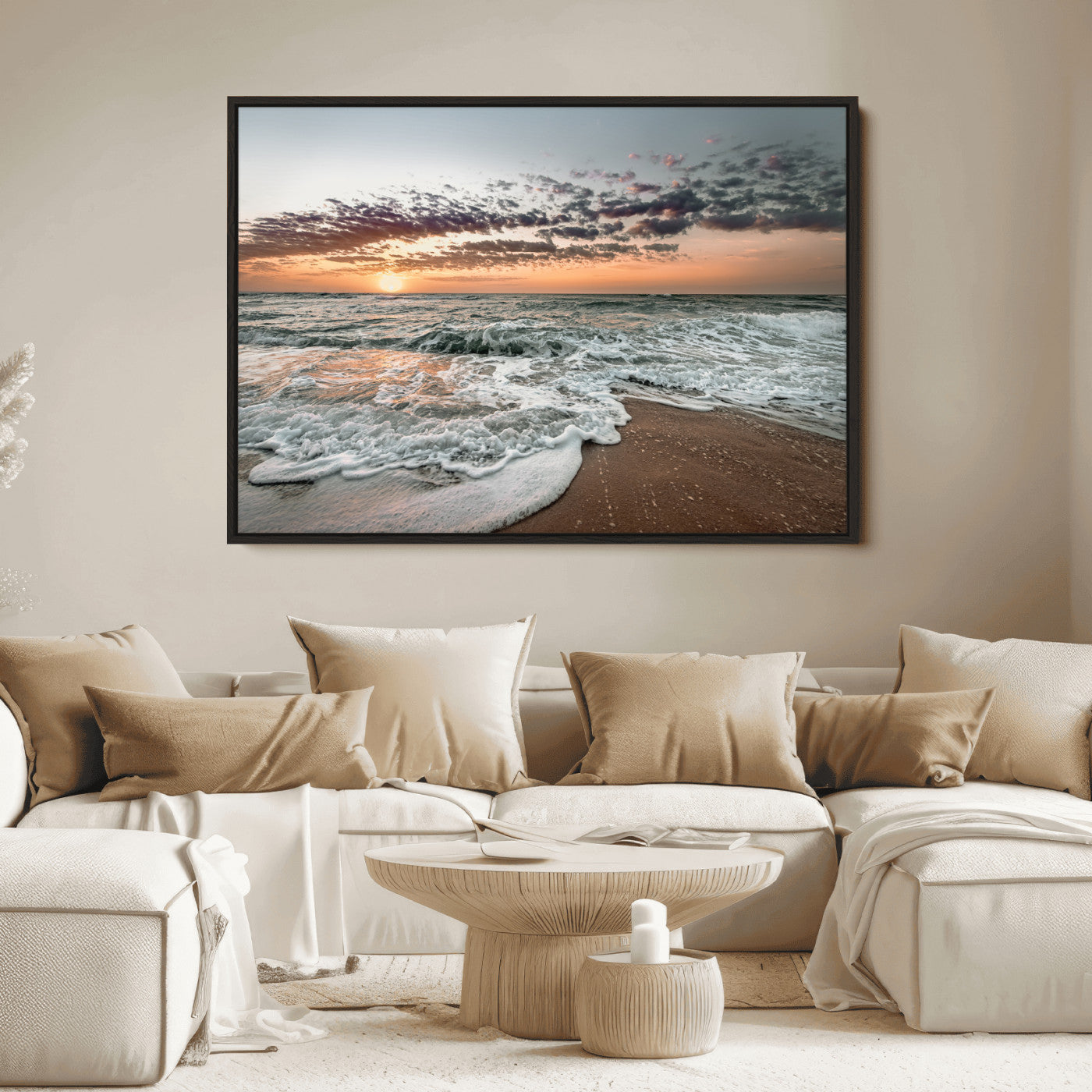 40632752-MGV-FC-36X24_Black-Ocean Sunset Wall Art Canvas Print, Framed Beach Waves Art Picture Print, Coastal Scene Perfect Coastal Decor Artwork