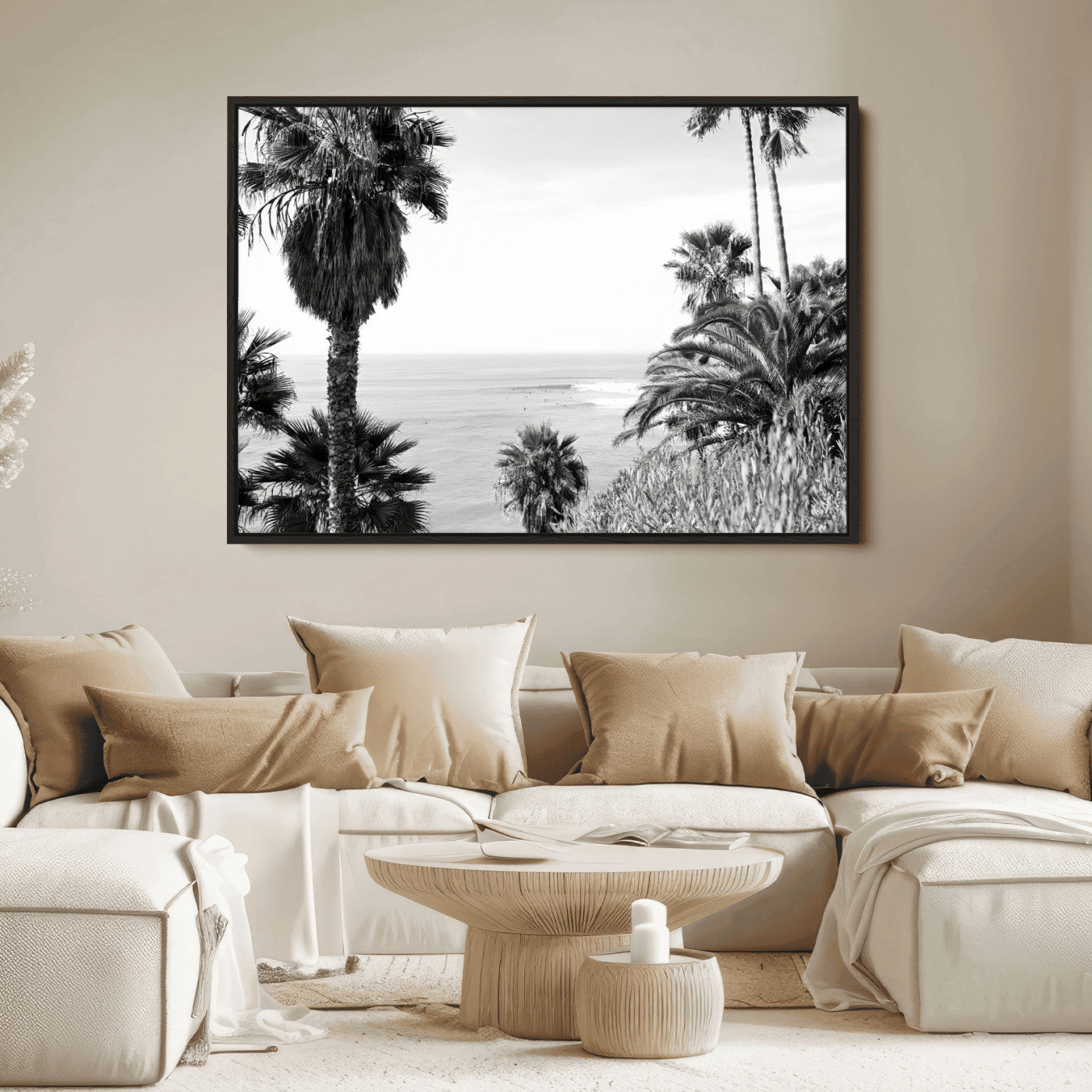 89458520-MGV-FC-36X24_Black-Palm Trees Wall Art Canvas Print, Framed Coastal View Art Picture Print, Ocean Horizon Perfect Monochrome Coast Decor Artwork