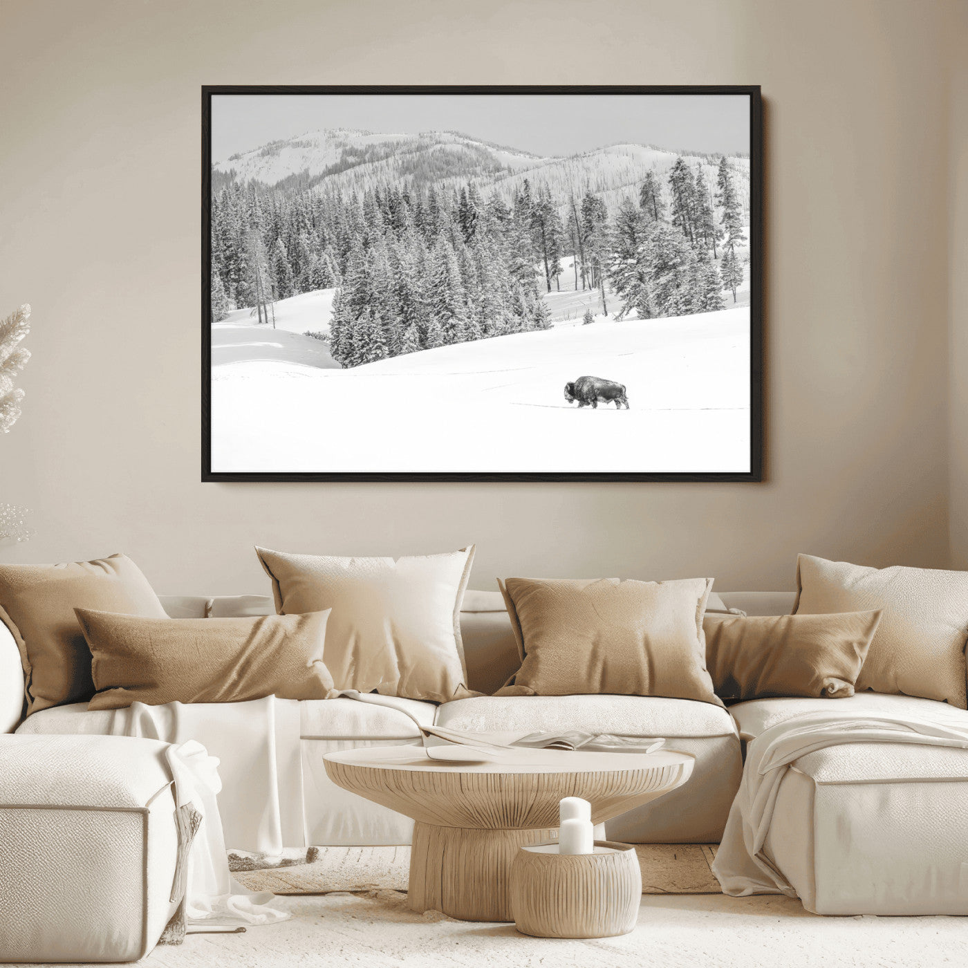 68081143-MGV-FC-36X24_Black-Snowy Bison Wall Art Canvas Print, Framed Winter Forest Art Picture Print, Lone Bison Perfect Monochrome Winter Wild Decor Artwork