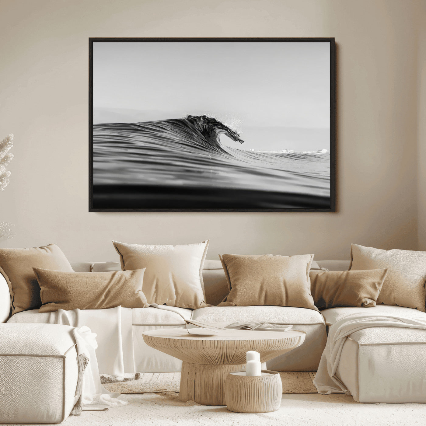 24029476-MGV-FC-36X24_Black-Black Wave Wall Art Canvas Print, Framed Abstract Surf Art Picture Print, Minimalist Ocean Perfect Minimalist Coastal Decor