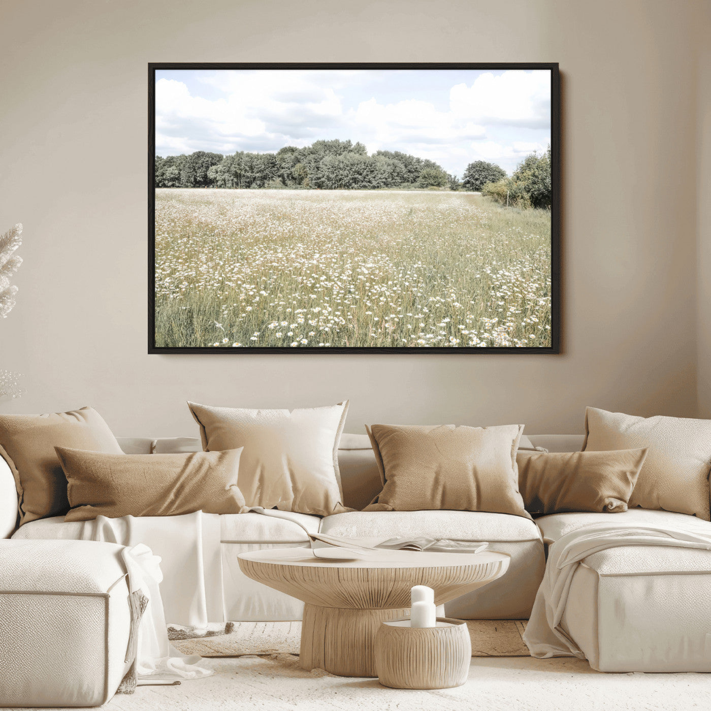 43258946-MGV-FC-36X24_Black-Daisy Field Wall Art Canvas Print, Framed Pastel Flower Art Picture Print, Meadow Bloom Perfect Scandinavian Minimalist Decor